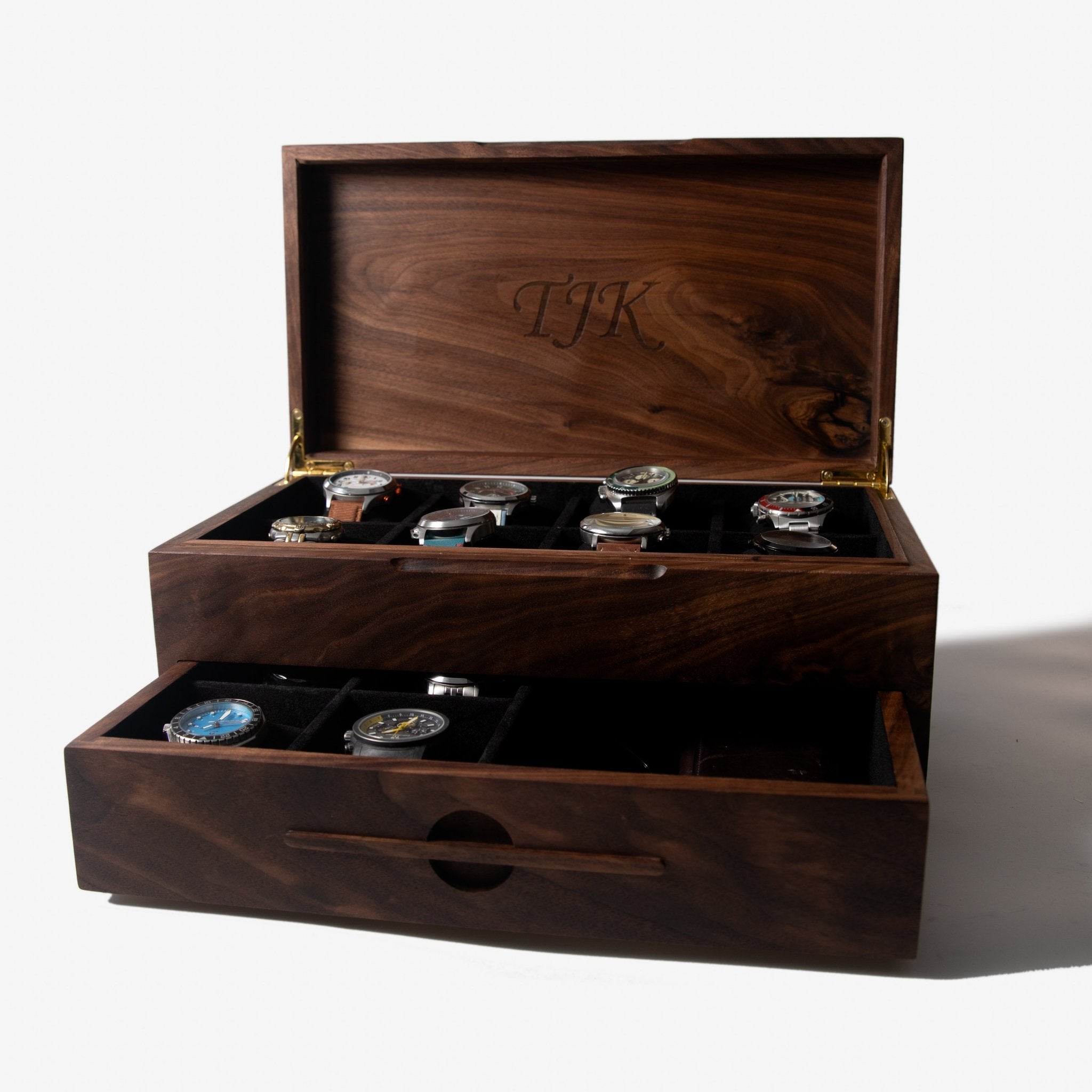 Watch Box with Drawer - Solid Black Walnut - 12 to 16 Watch Compartments - Overture Gifts