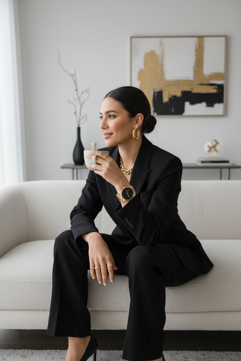 Woman in black blazer, minimalist interior