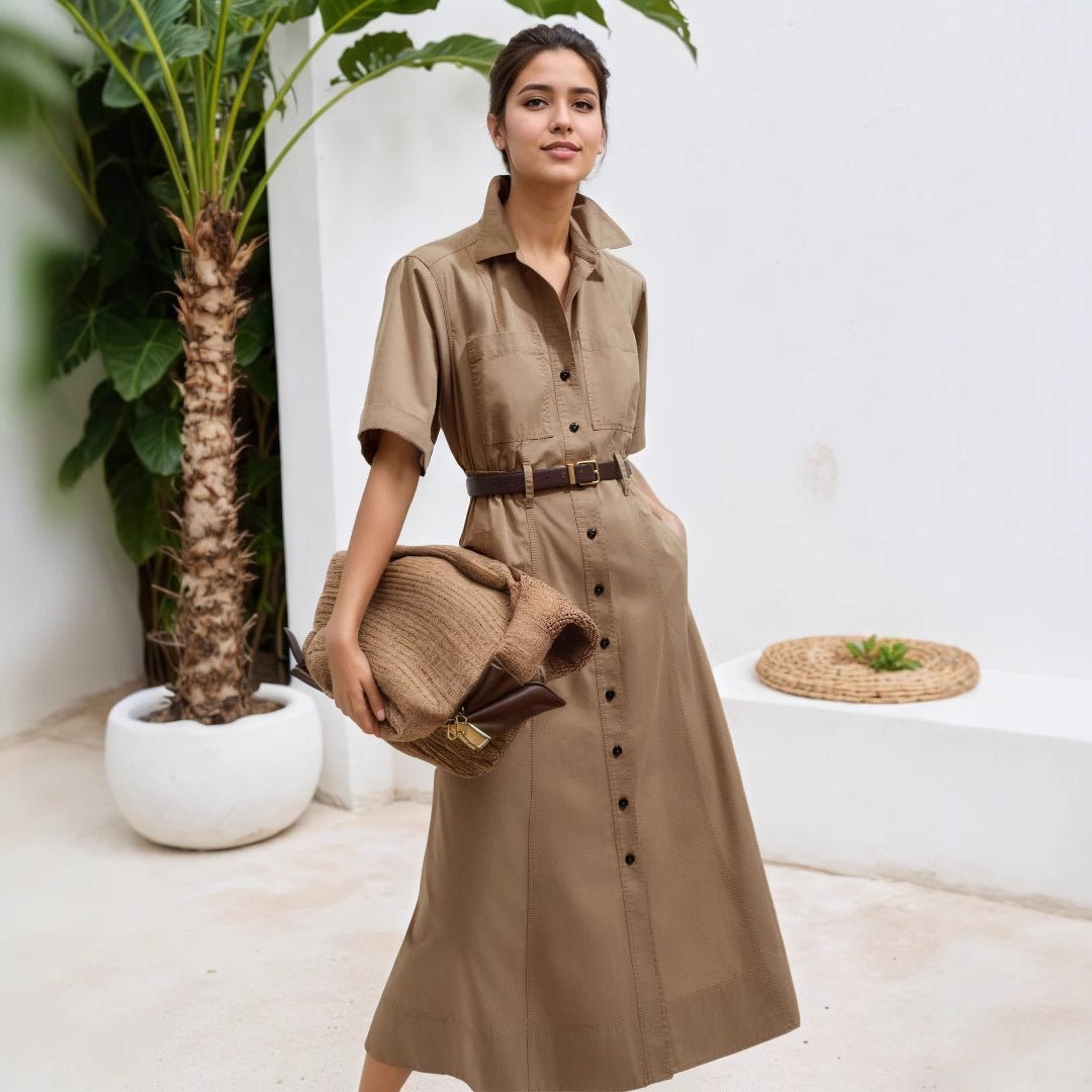 Women Short Sleeve Collared Waistband Breasted Decorative Khaki Shirt Dress - Overture Gifts