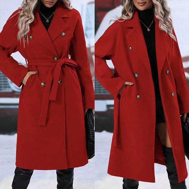Womens Winter Coat Trend Lapel Double-breasted Trench Coat With Belt Winter Fashion Solid Color Long Jacket Outwear Women Clothing Notched Lapel Collar Double Breasted Pea Coat Winter Wool Blend Over Coats Long Jackets - Overture Gifts