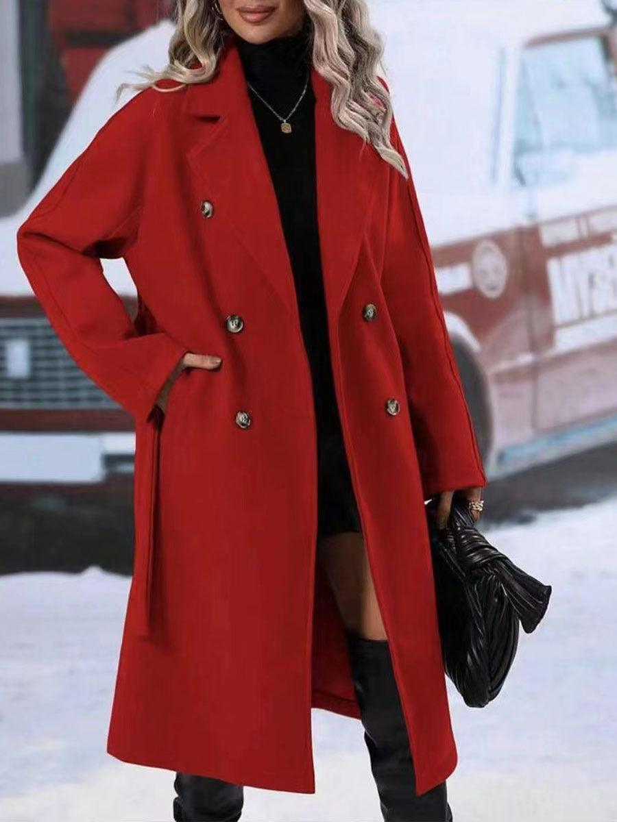 Womens Winter Coat Trend Lapel Double-breasted Trench Coat With Belt Winter Fashion Solid Color Long Jacket Outwear Women Clothing Notched Lapel Collar Double Breasted Pea Coat Winter Wool Blend Over Coats Long Jackets - Overture Gifts