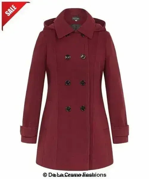 Womens Wool Feel Double Breasted Hooded Coat - Overture Gifts