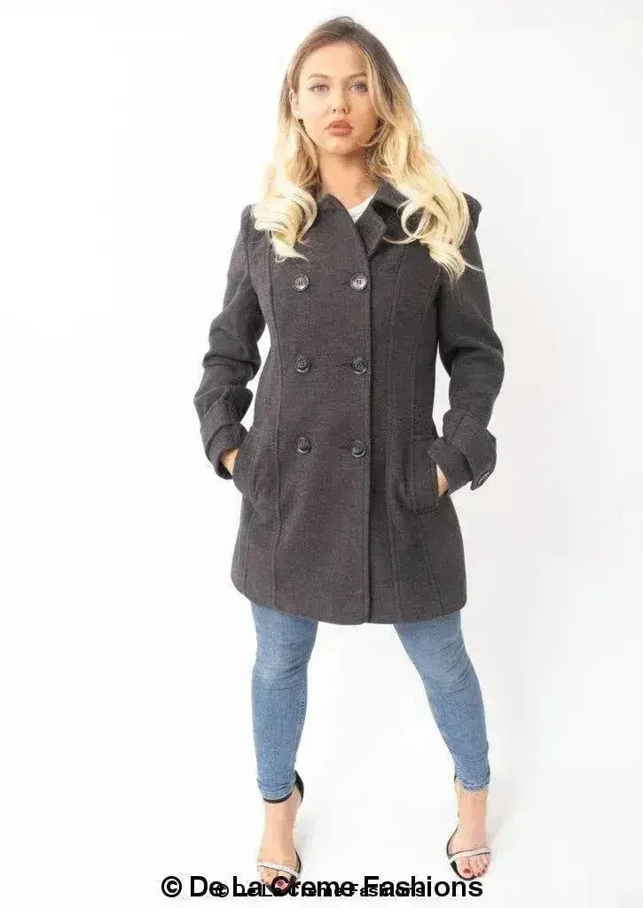 Womens Wool Feel Double Breasted Hooded Coat - Overture Gifts