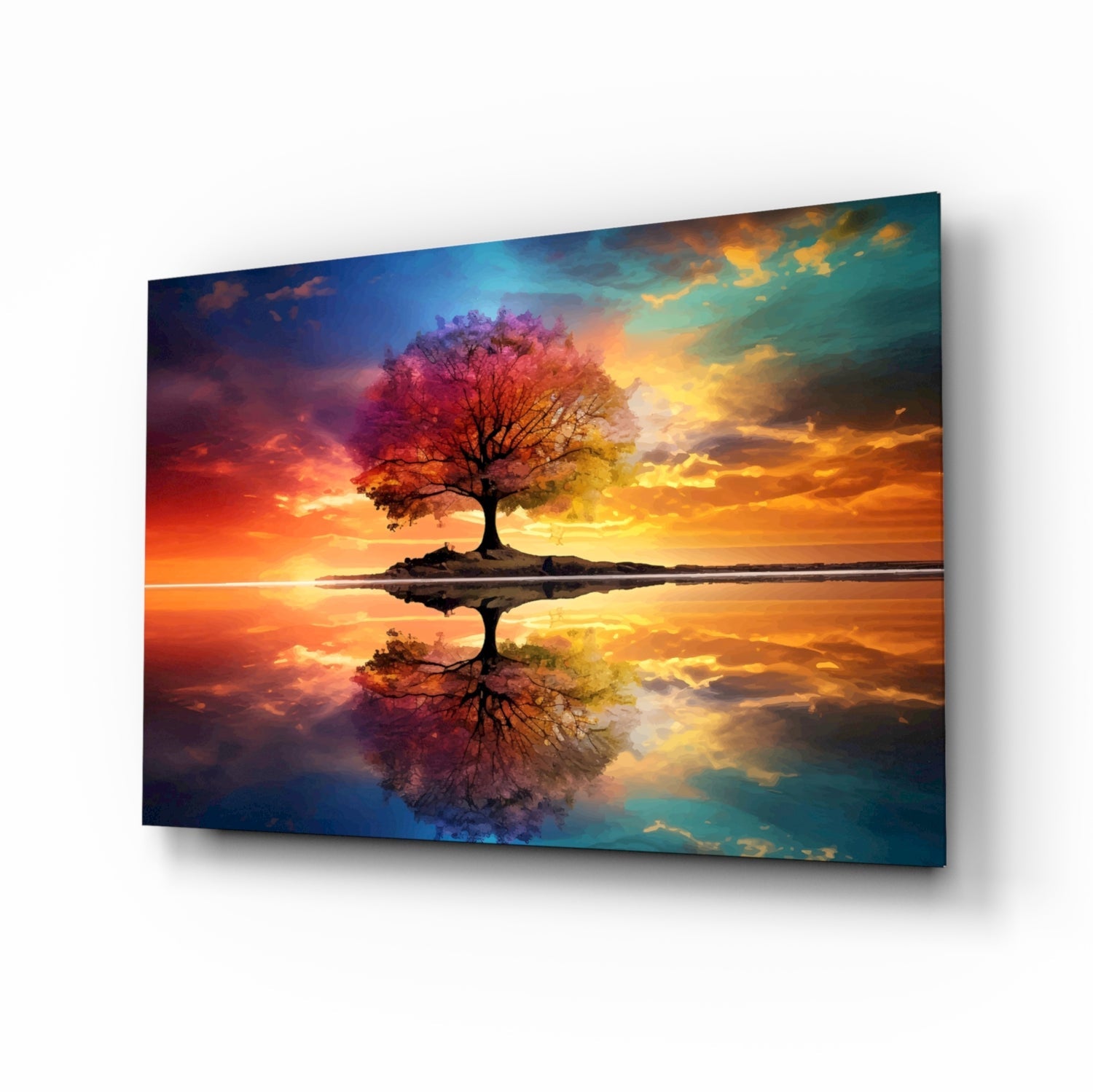 Rainbow Sky Mirror Lake Tree Of Life Glass Wall Art