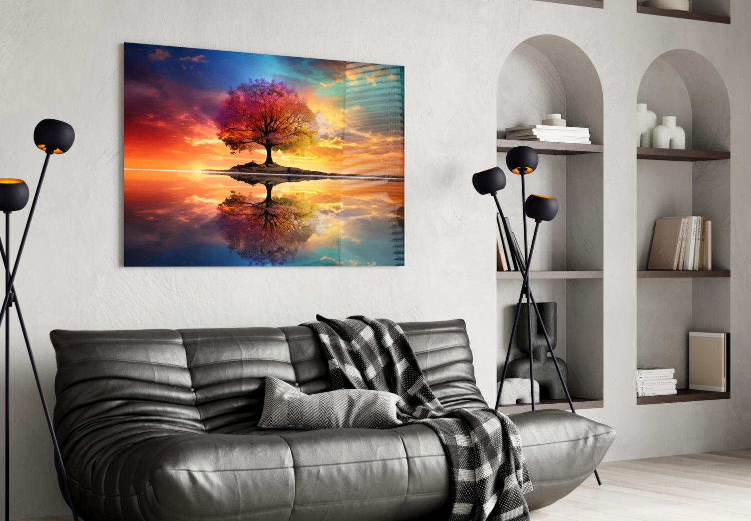 Rainbow Sky Mirror Lake Tree Of Life Glass Wall Art