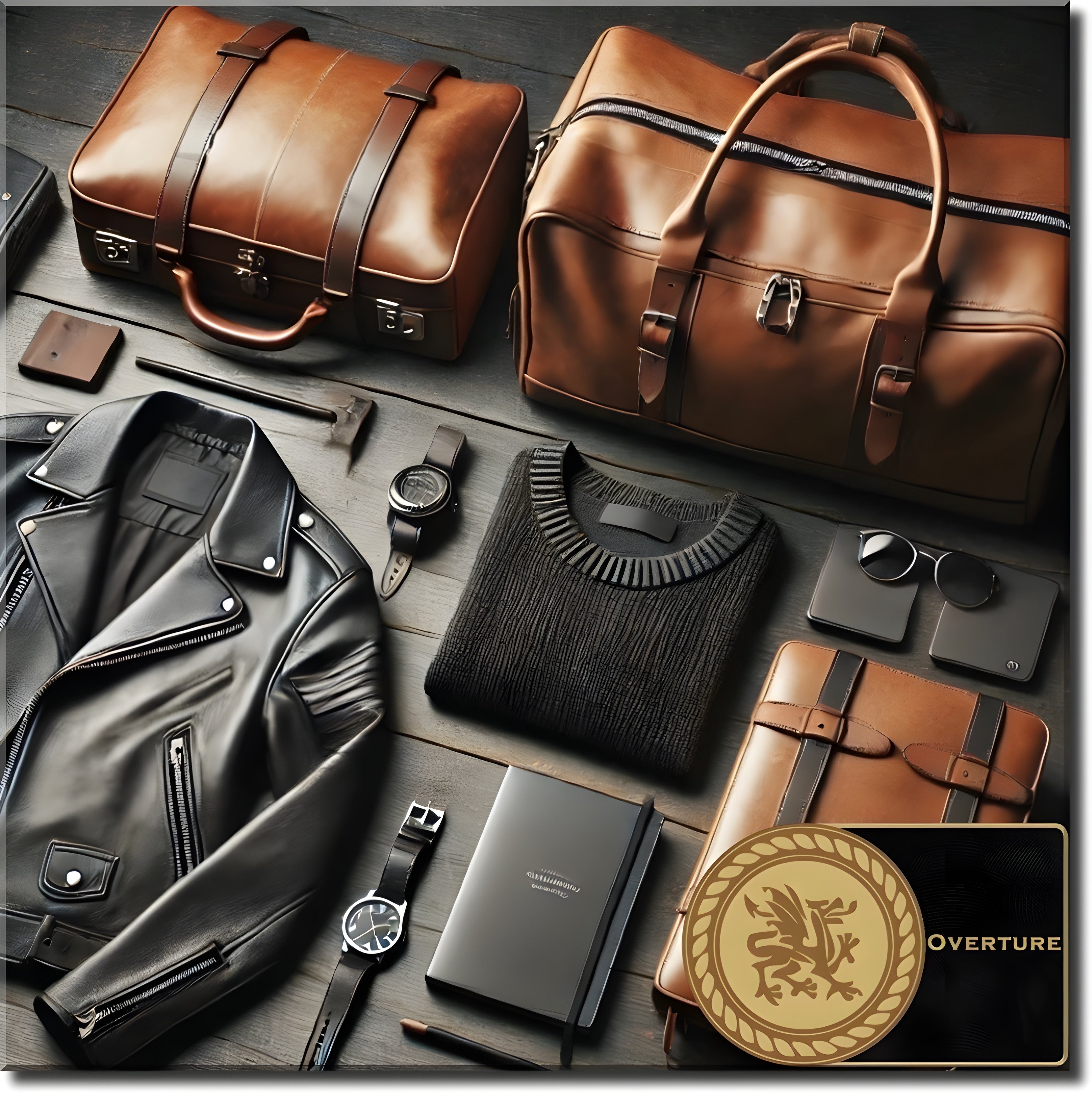 Brown leather travel accessories display with sunglasses, jewelry case, passport holder on vintage suitcase in outdoor park setting