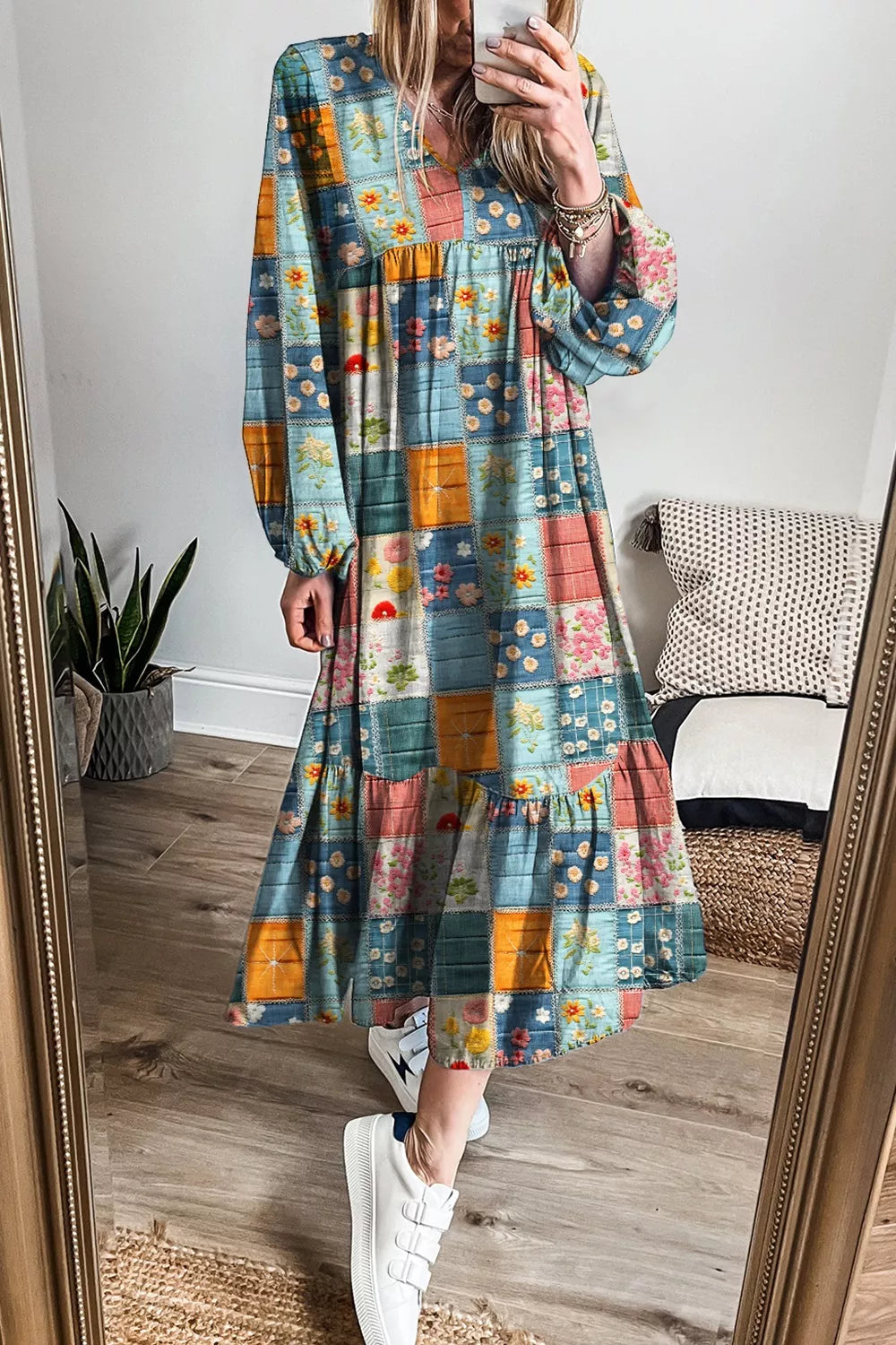 Floral Checkered V-Neck Dress