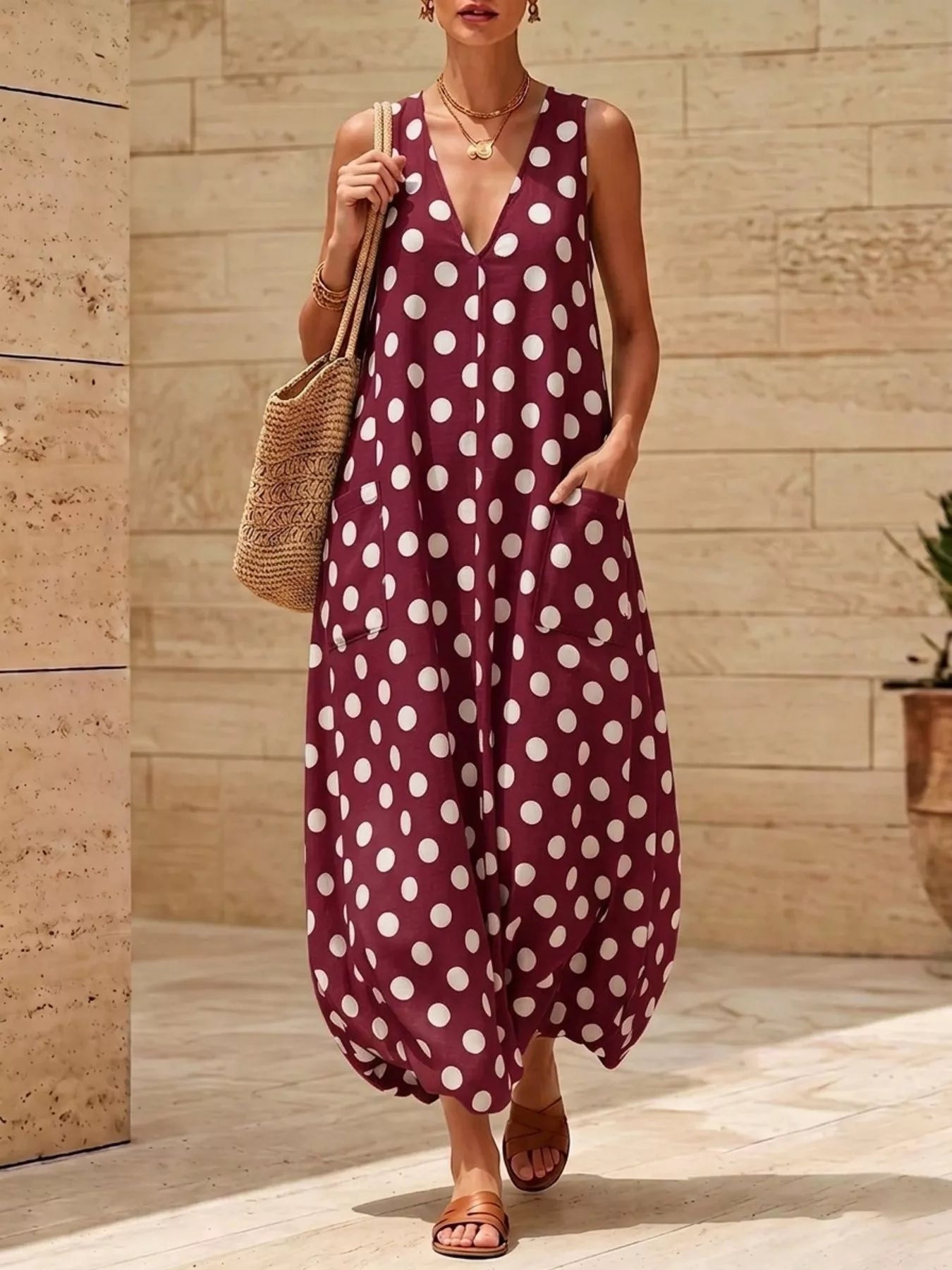 Polka Dot V-Neck Sleeveless Maxi Dress