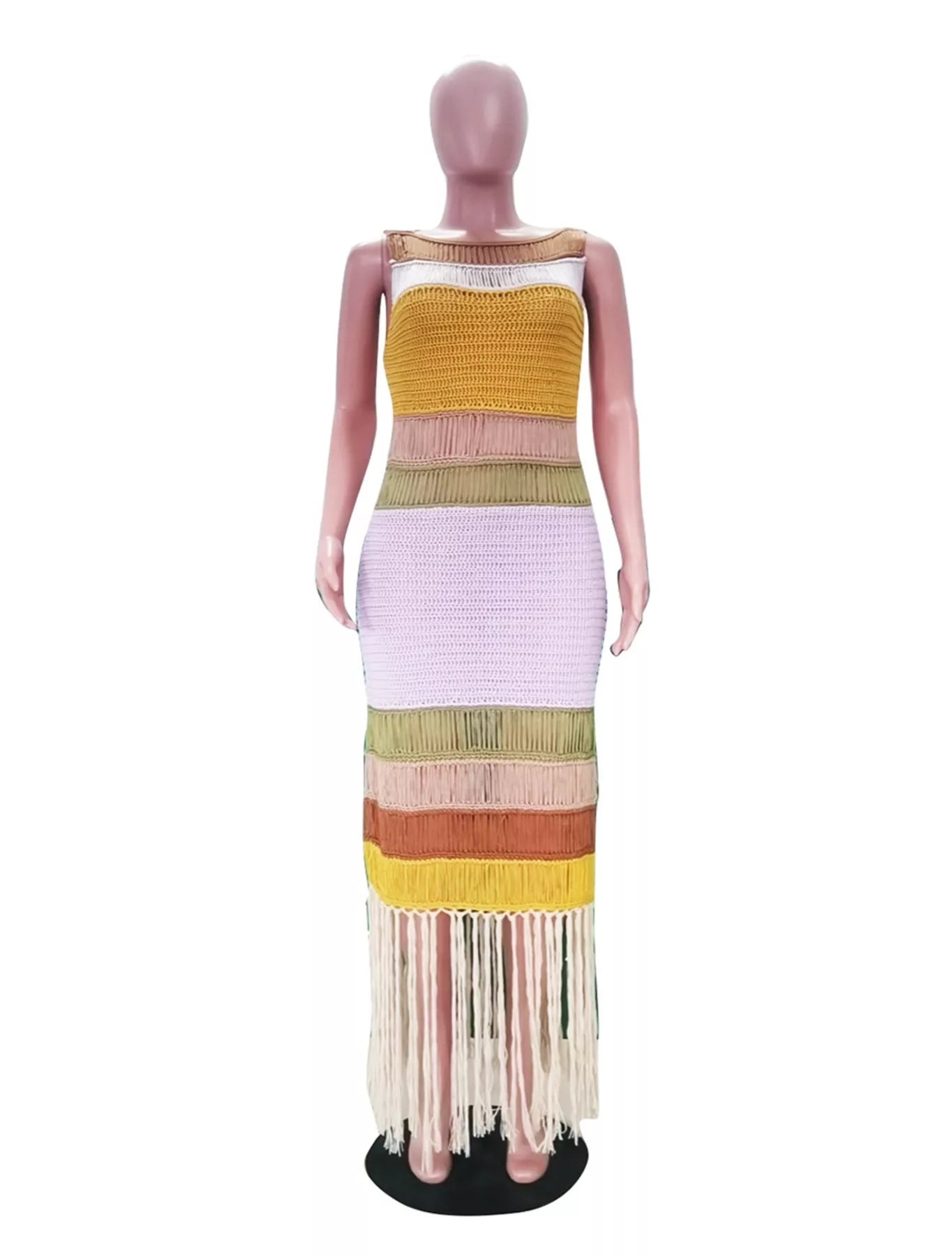 Fringe Crochet Knit Color Block Maxi Dress