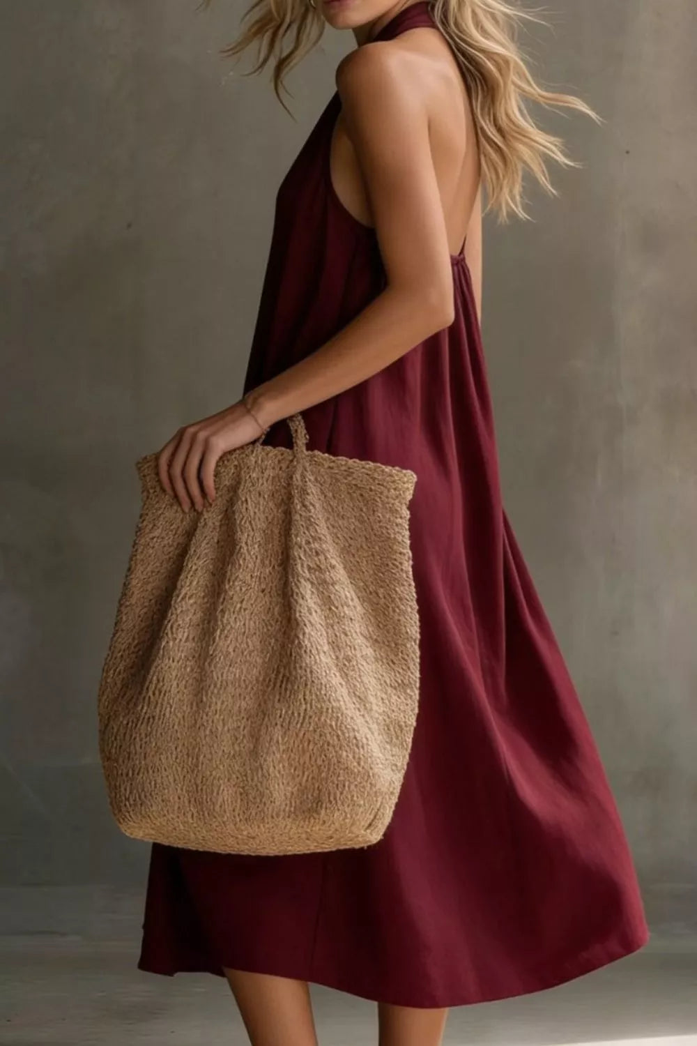 Casual Halter Neck Pocket Midi Dress
