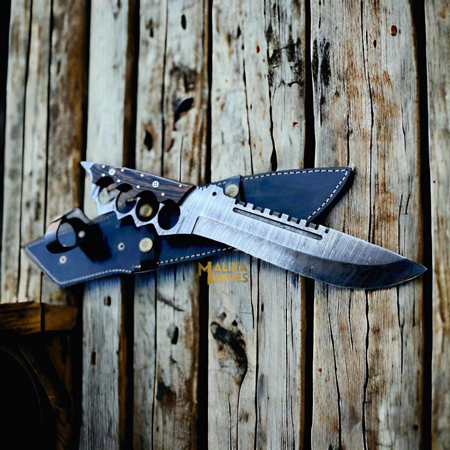Damascus Knuckle Bowie Knife Wenge Wood Full Tang