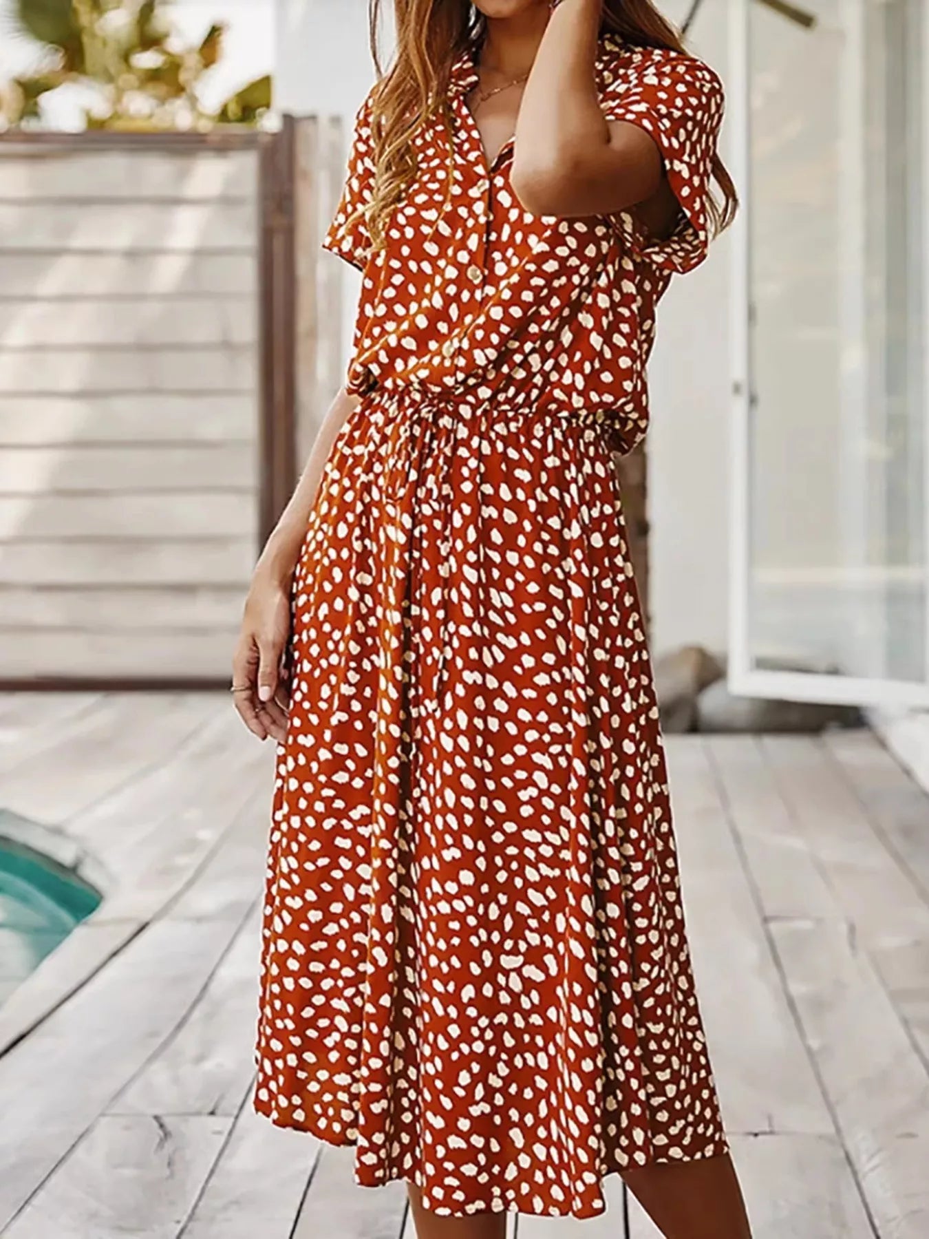 Polka Dot Button Front Midi Dress