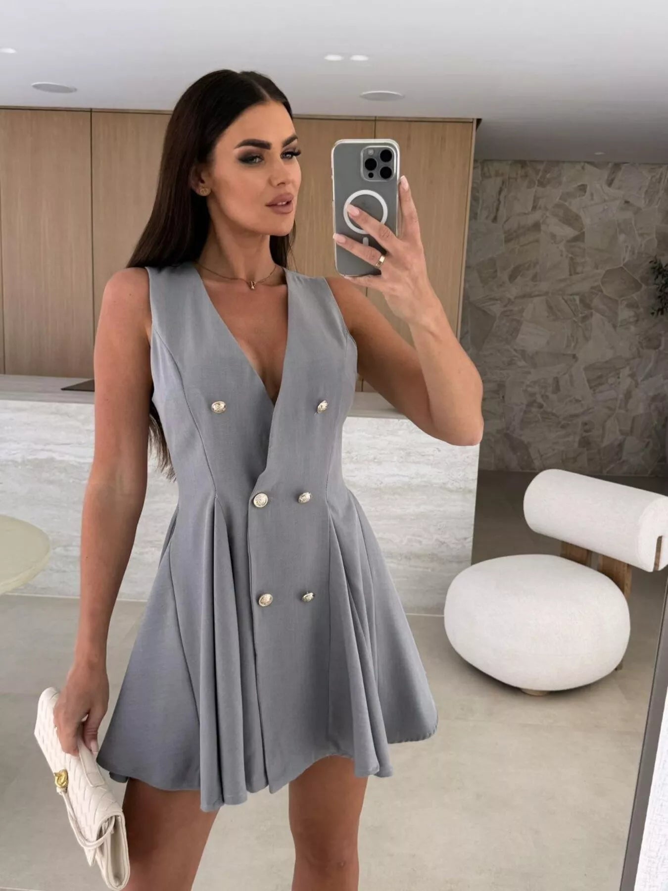 Double-Breasted V-Neck Mini Dress