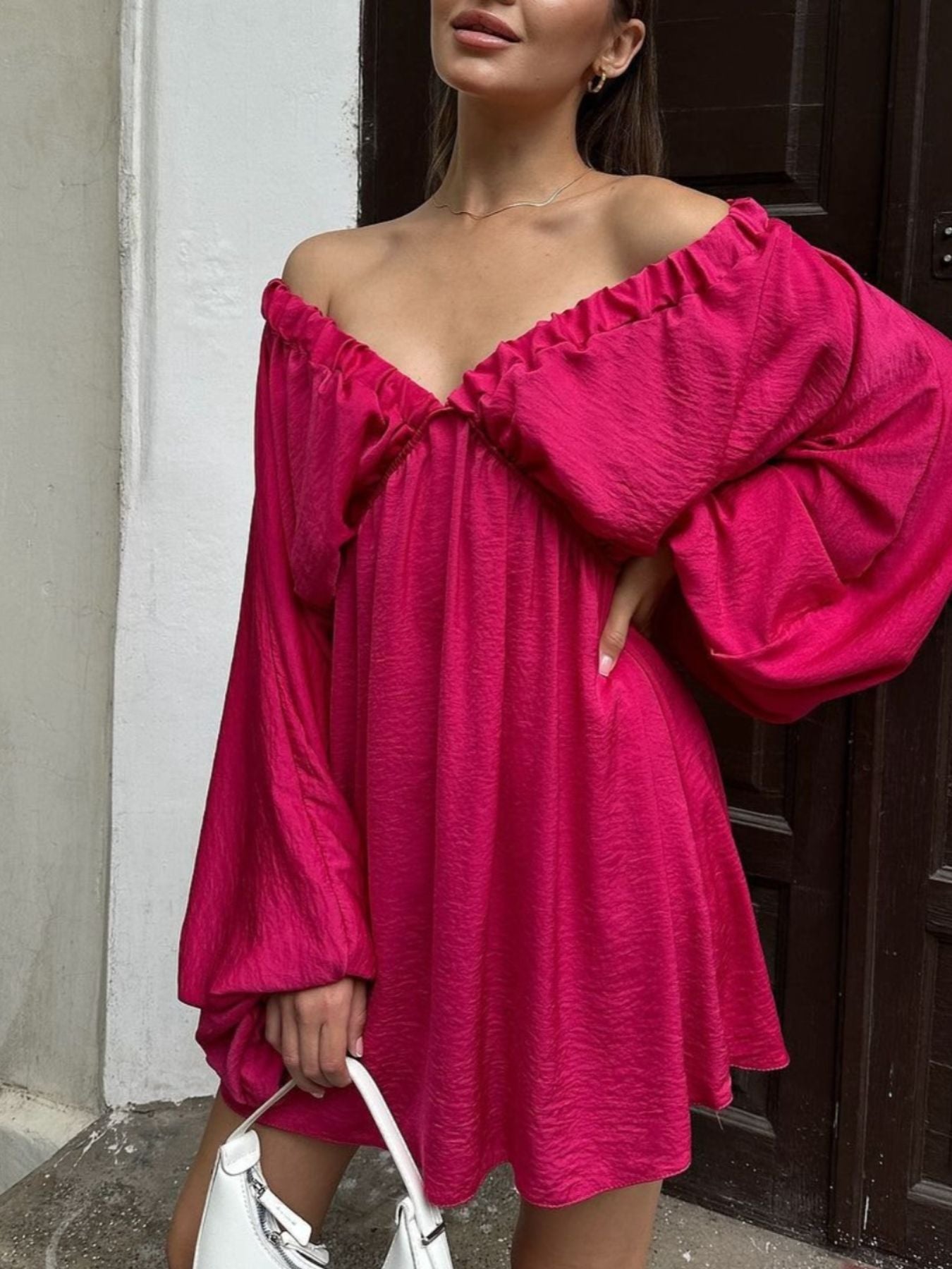 Deep V-Neck Balloon Sleeve Dress