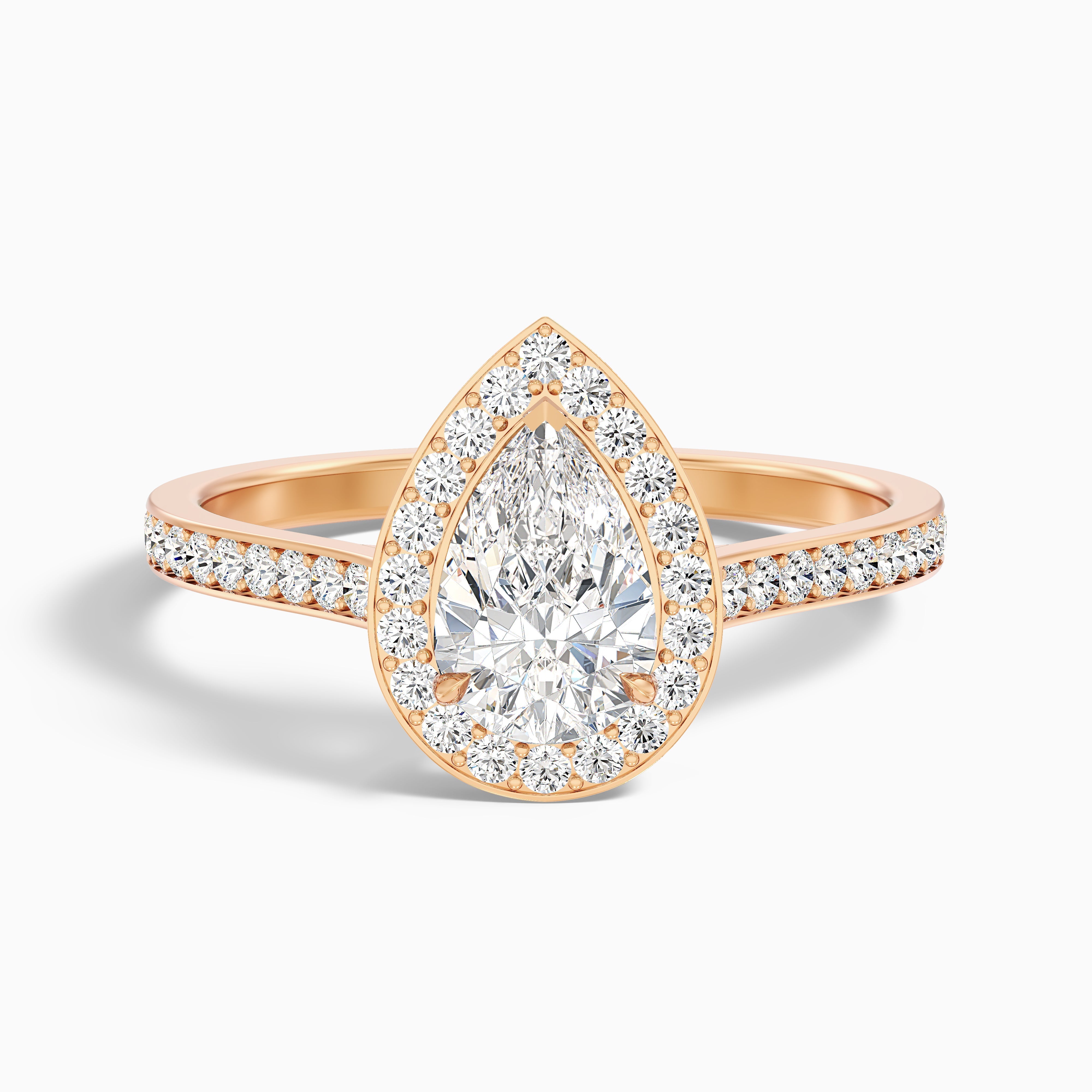 Elena 2 Carat Pear Halo Pave Moissanite Diamond Ring in 18k Rose Gold