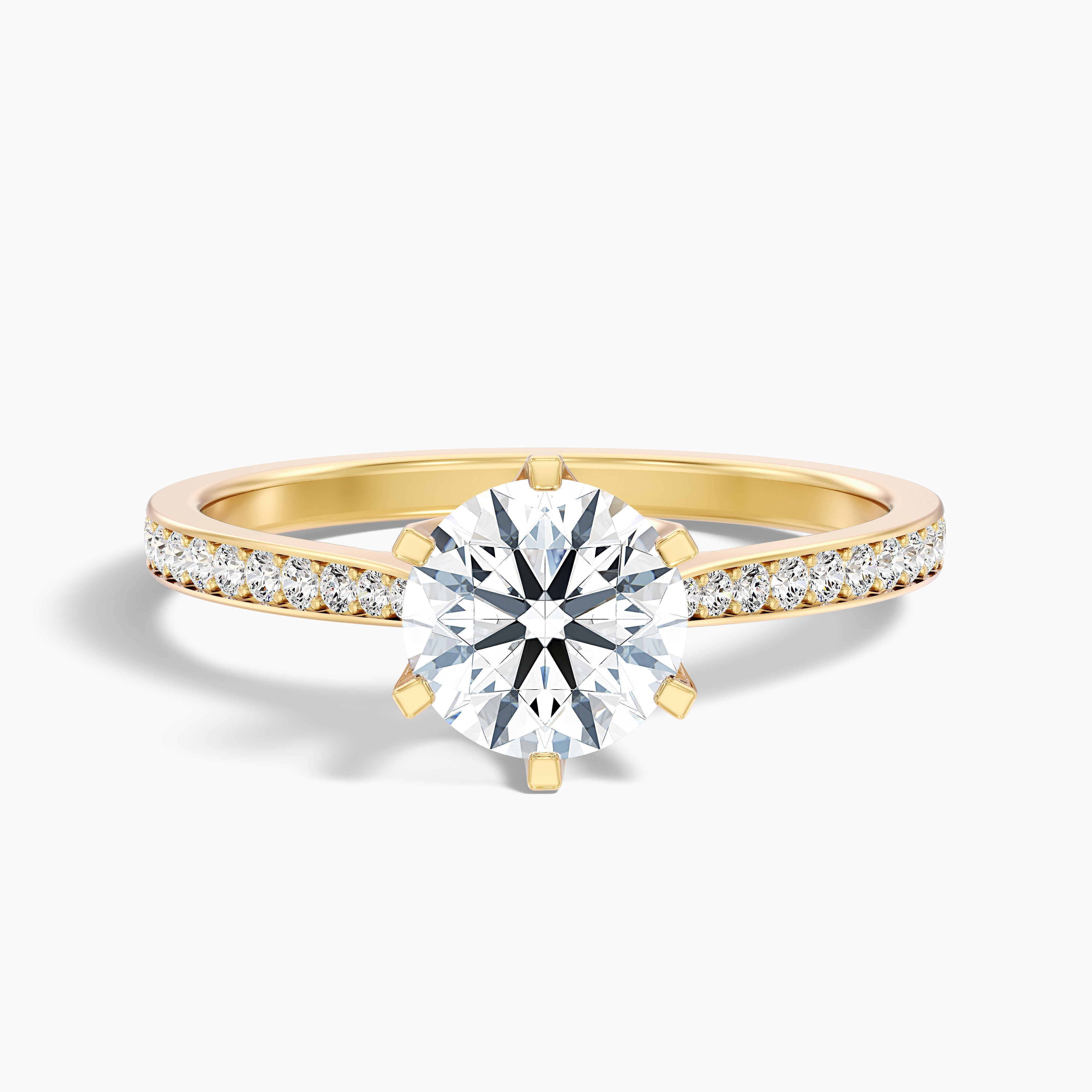 Esha 1.5 Carat Round Side Stone Pave Moissanite Diamond Ring in 18k Yellow Gold