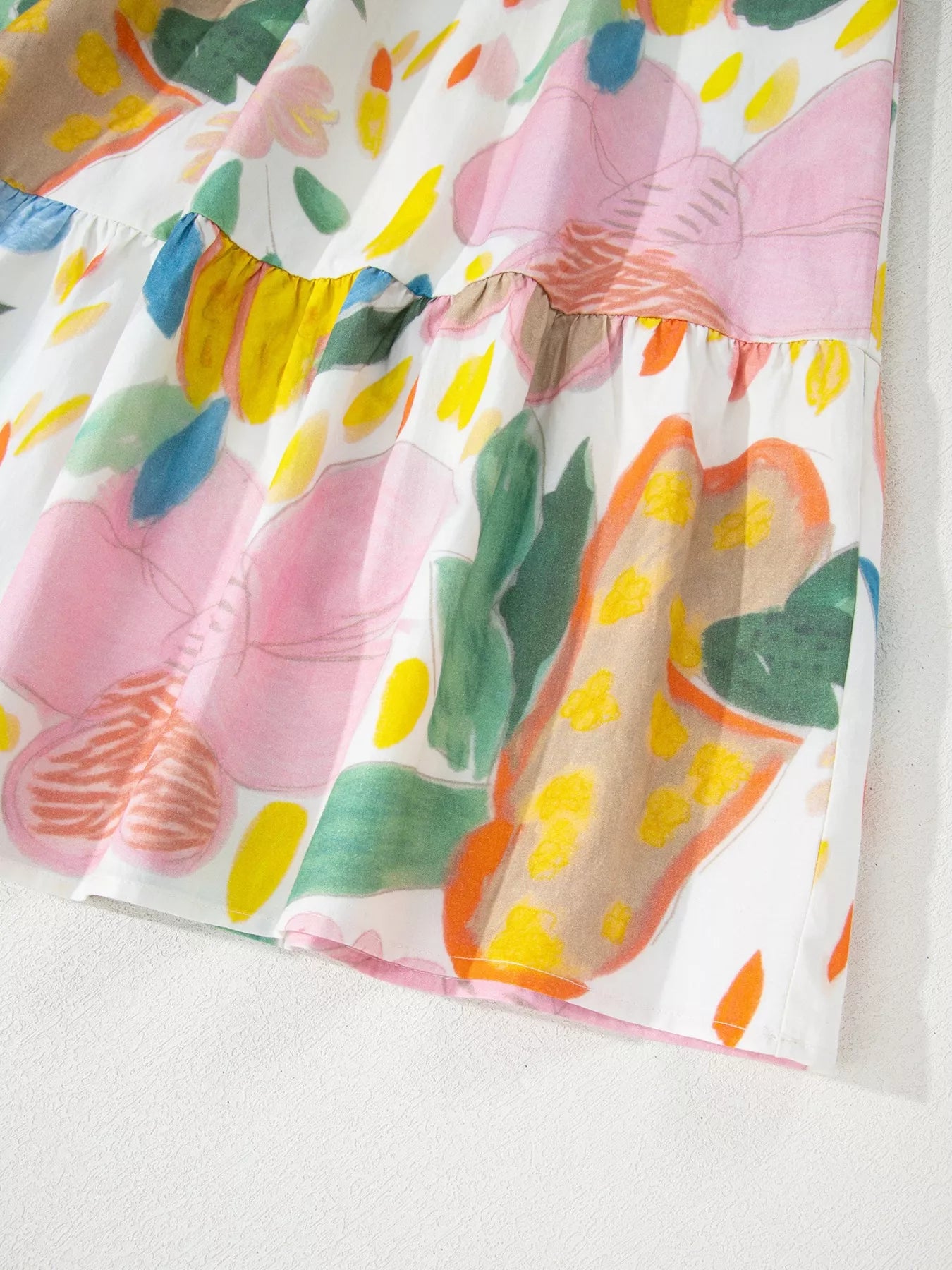 Multicolour Floral Doodle Print Striped Trim V Neck Midi Dress