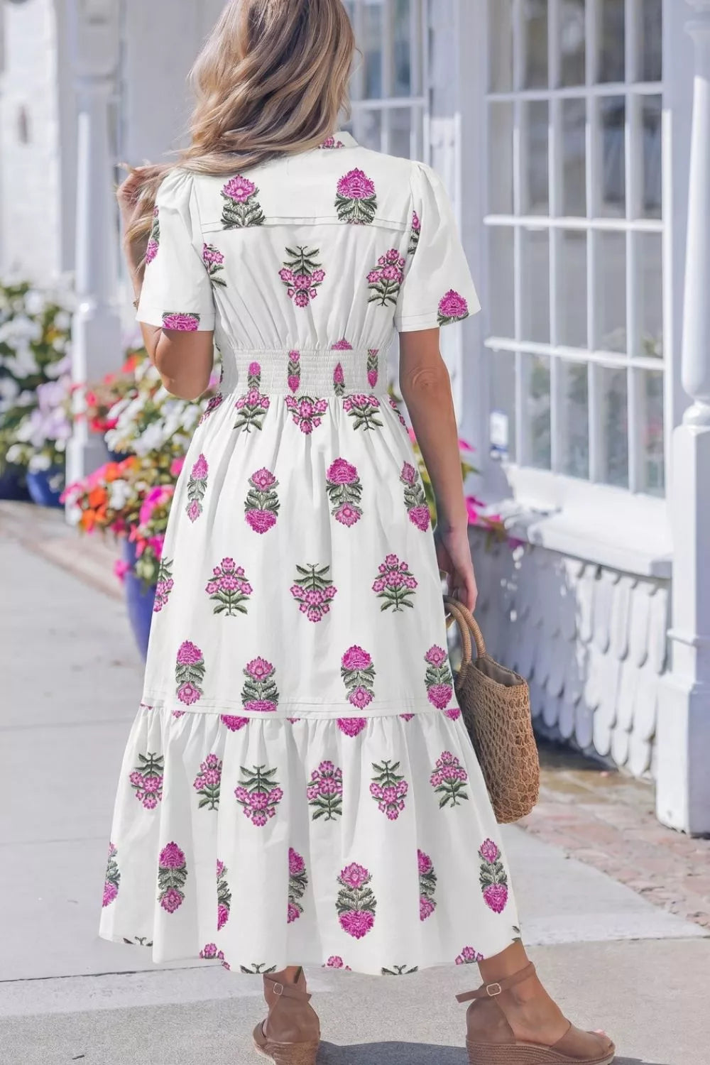 Floral Print Split Neck Shirred High Waist Ruffle Hem Midi Dress