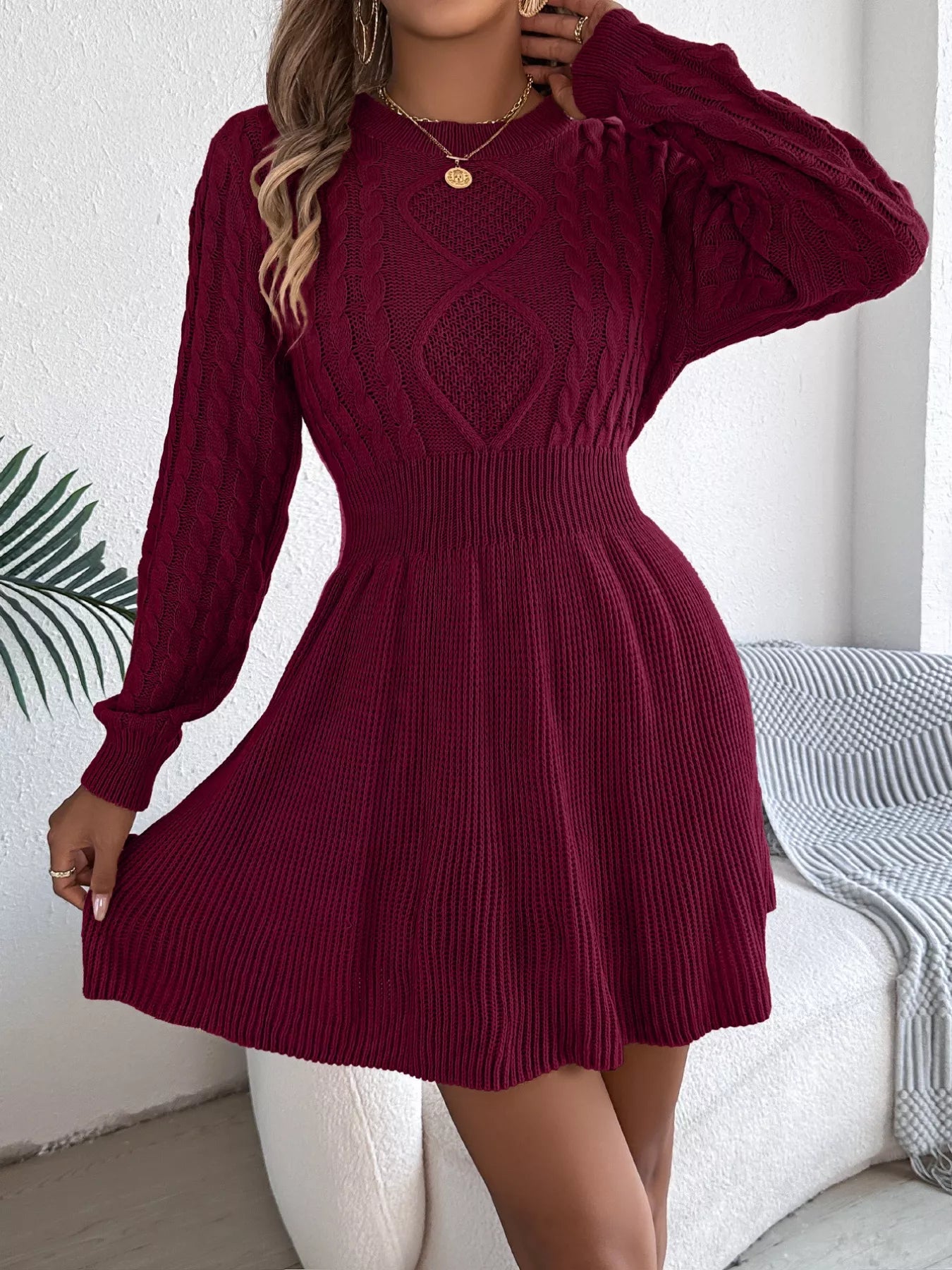 Cable Knit Long Sleeve Sweater Dress