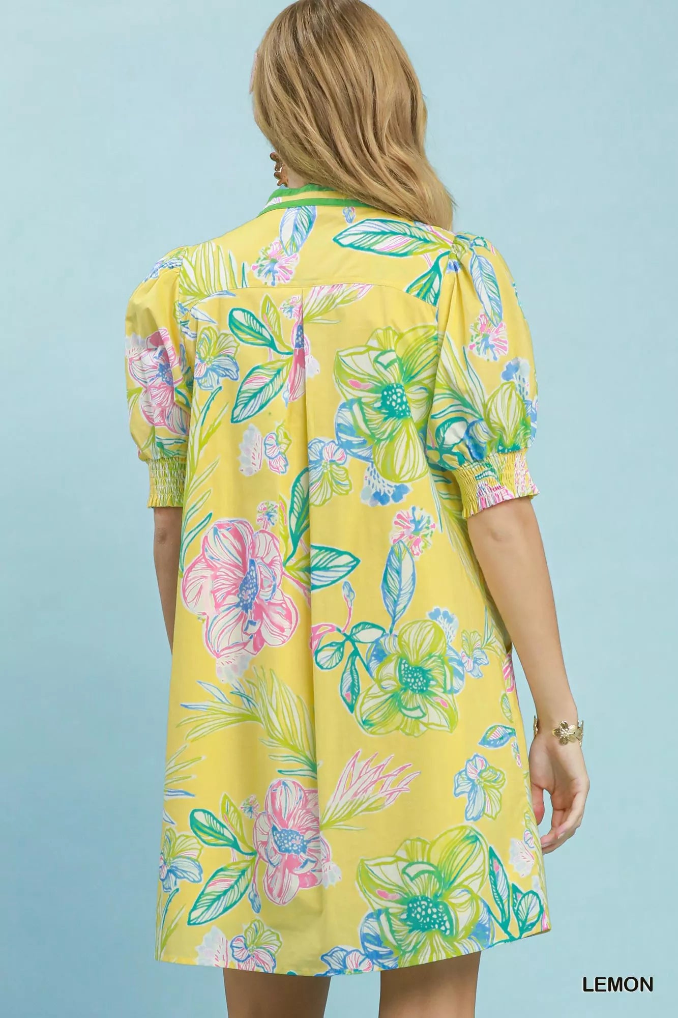 Umgee Botanical Print Dress with Smocked Cuffs