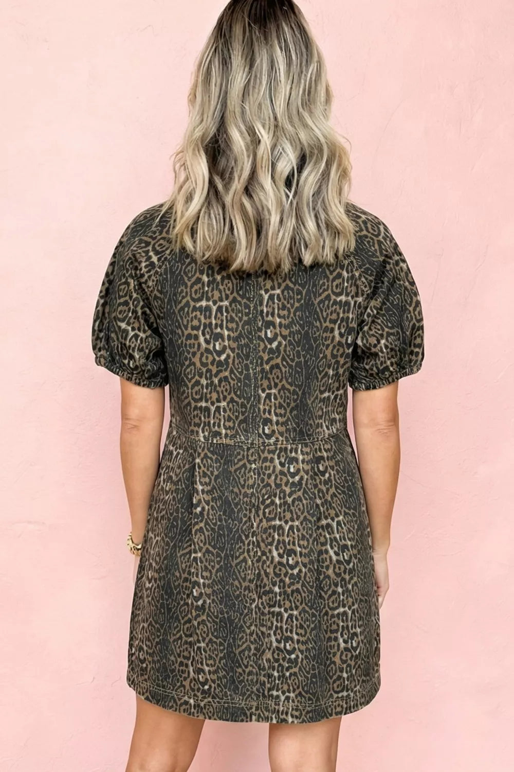 Leopard Print Puff Sleeve Denim Dress