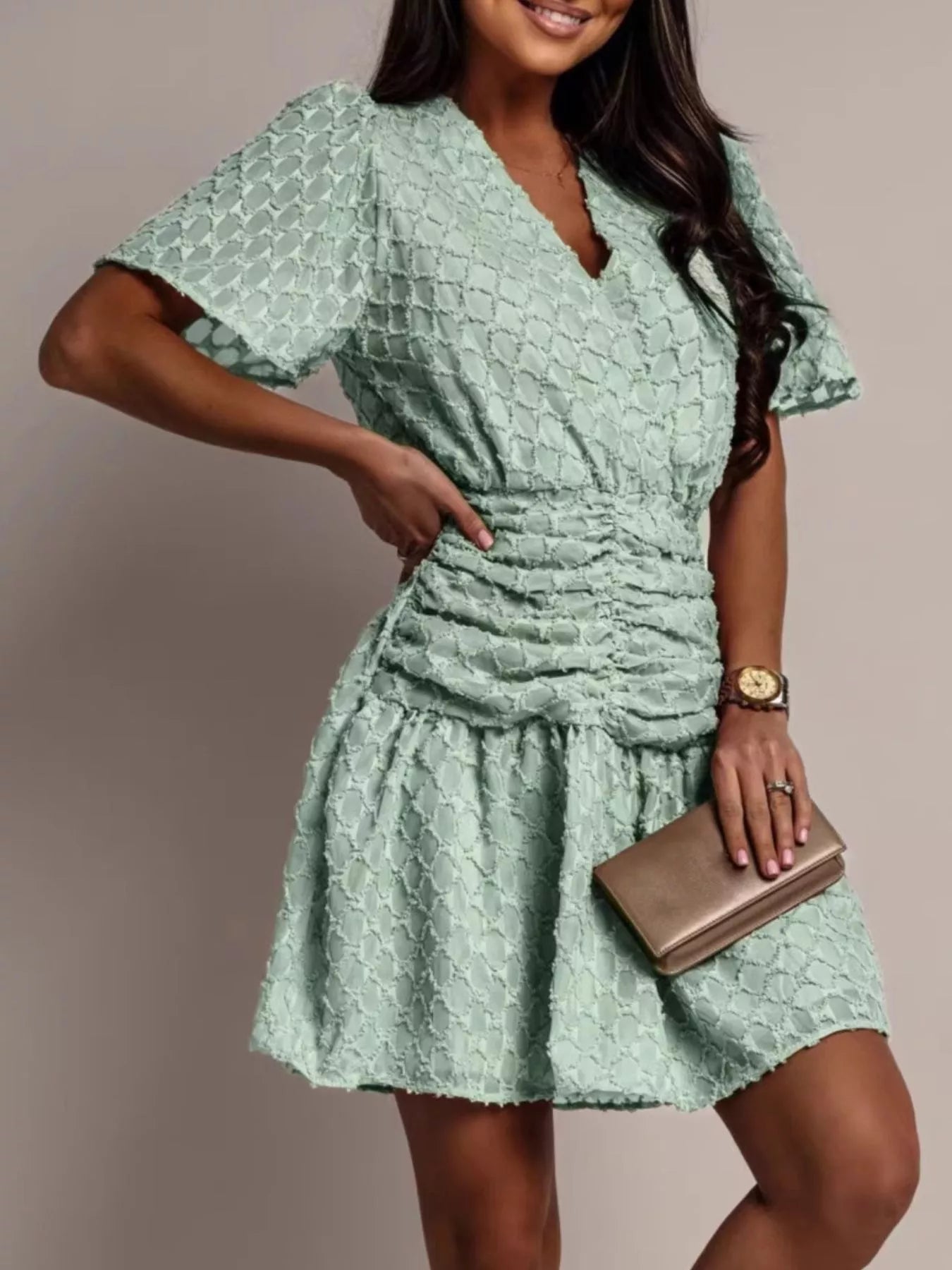 Textured V-Neck Ruched Mini Dress