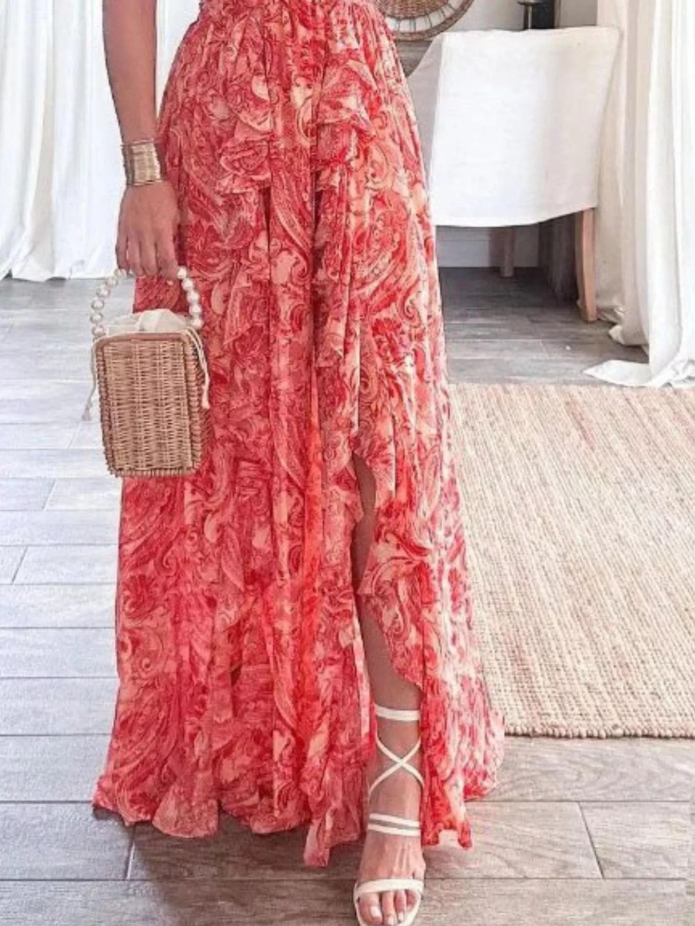 Full Size Ruffled Cutout V-Neck Maxi Dress Plus Size