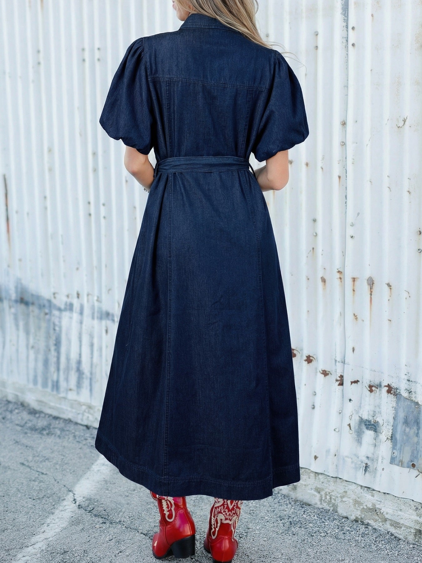 Belted Button-Down Midi Denim Dress