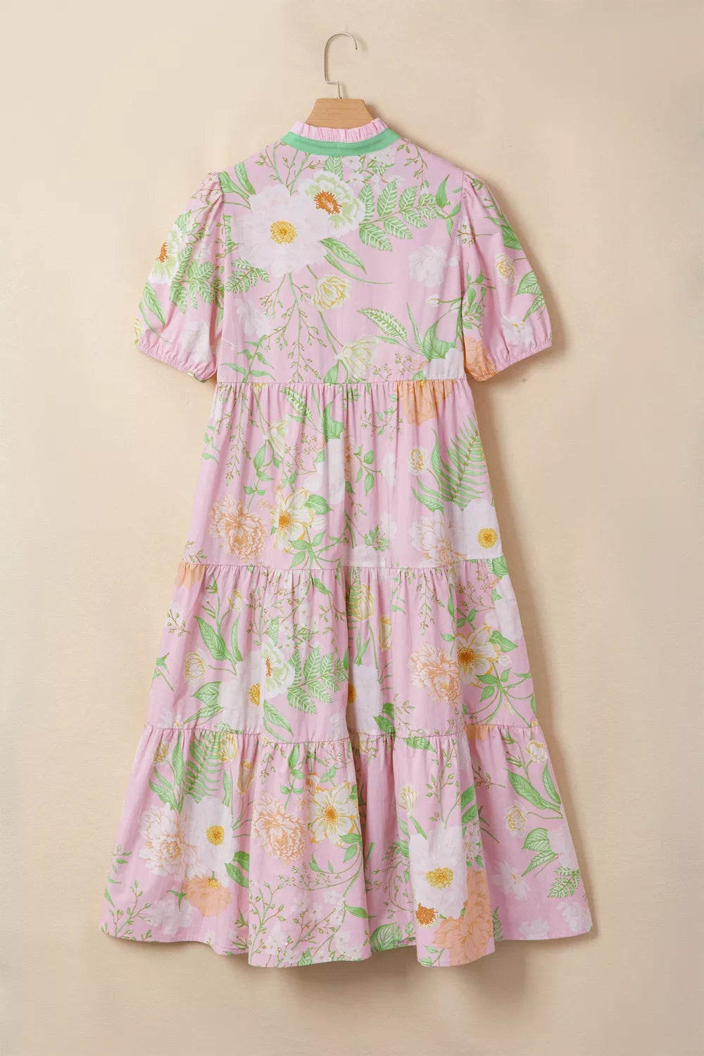Floral Print Short Puff Sleeve High Waist Tiered Dress