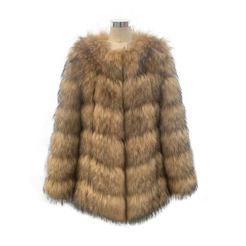 Coat Womens Faux Raccoon Patchwork Synthetic Fur Overcoat