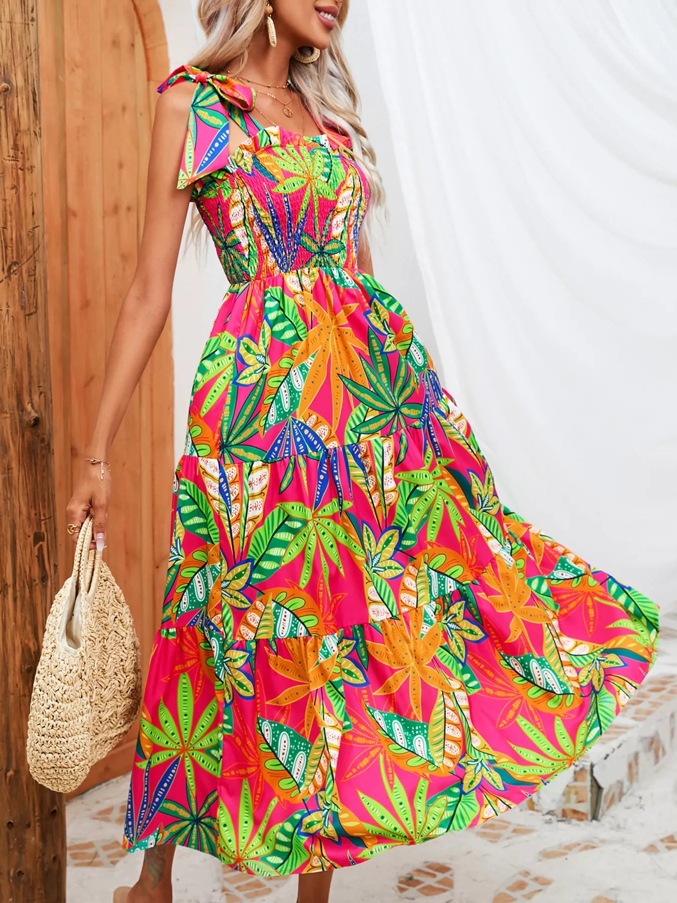 Tropical Print Smocked Tie-Strap Dress