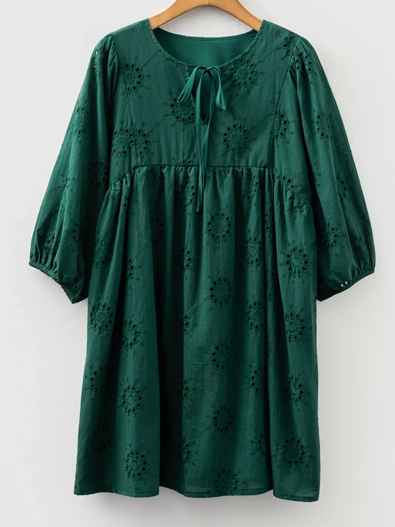 Embroidered Eyelet Pattern 3/4 Puffy Sleeve Swing Mini Dress