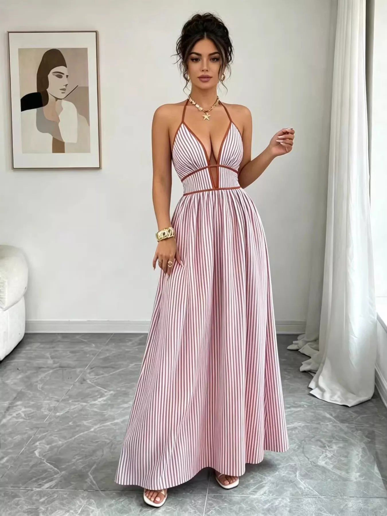 Striped Halter Neck Maxi Dress