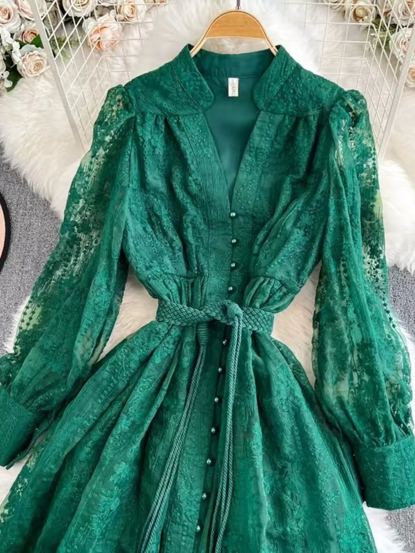Lace Tie Waist Long Sleeve Dress