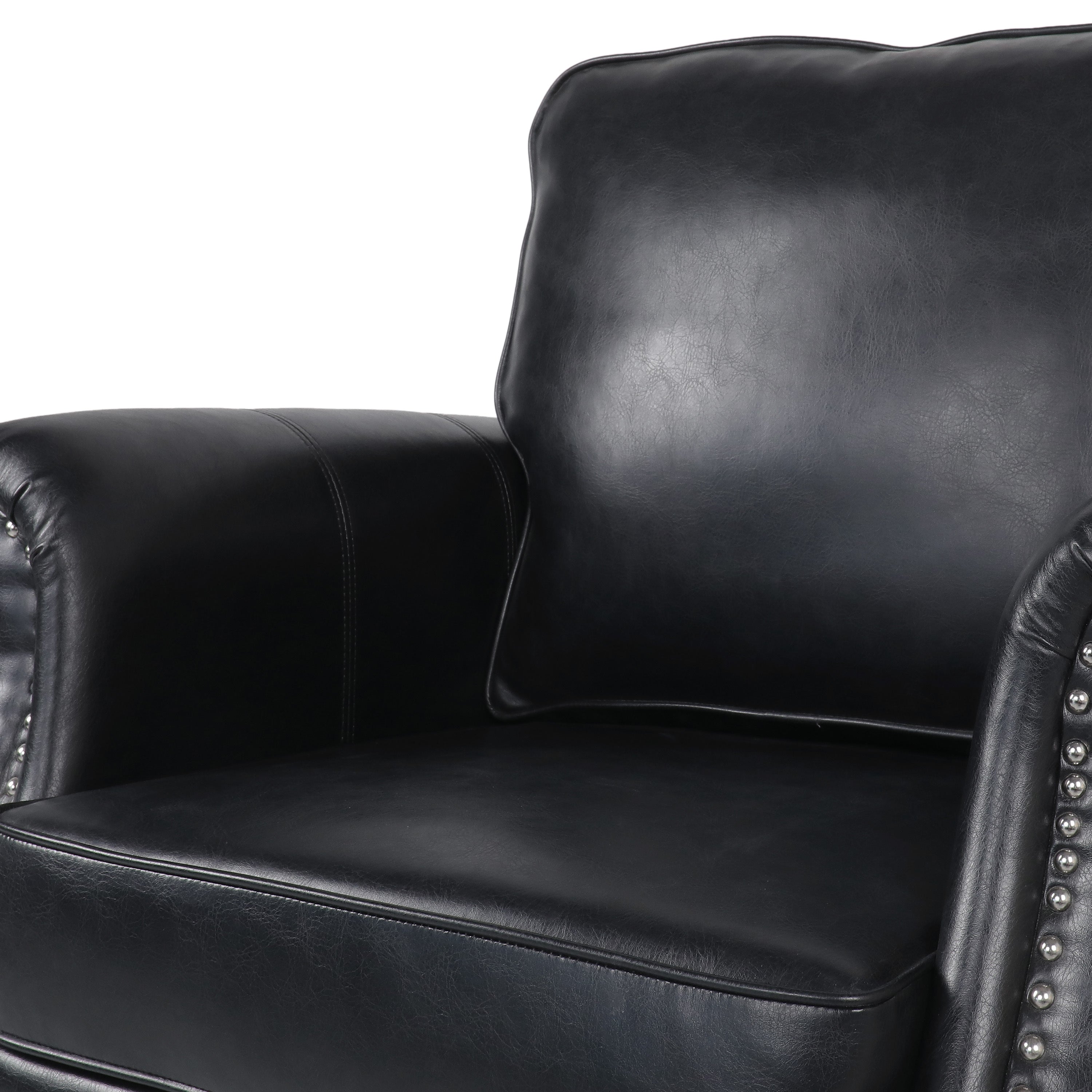 Club Chair Contemporary PU Leather Black Rolled Arms Nailhead Trim 37 In
