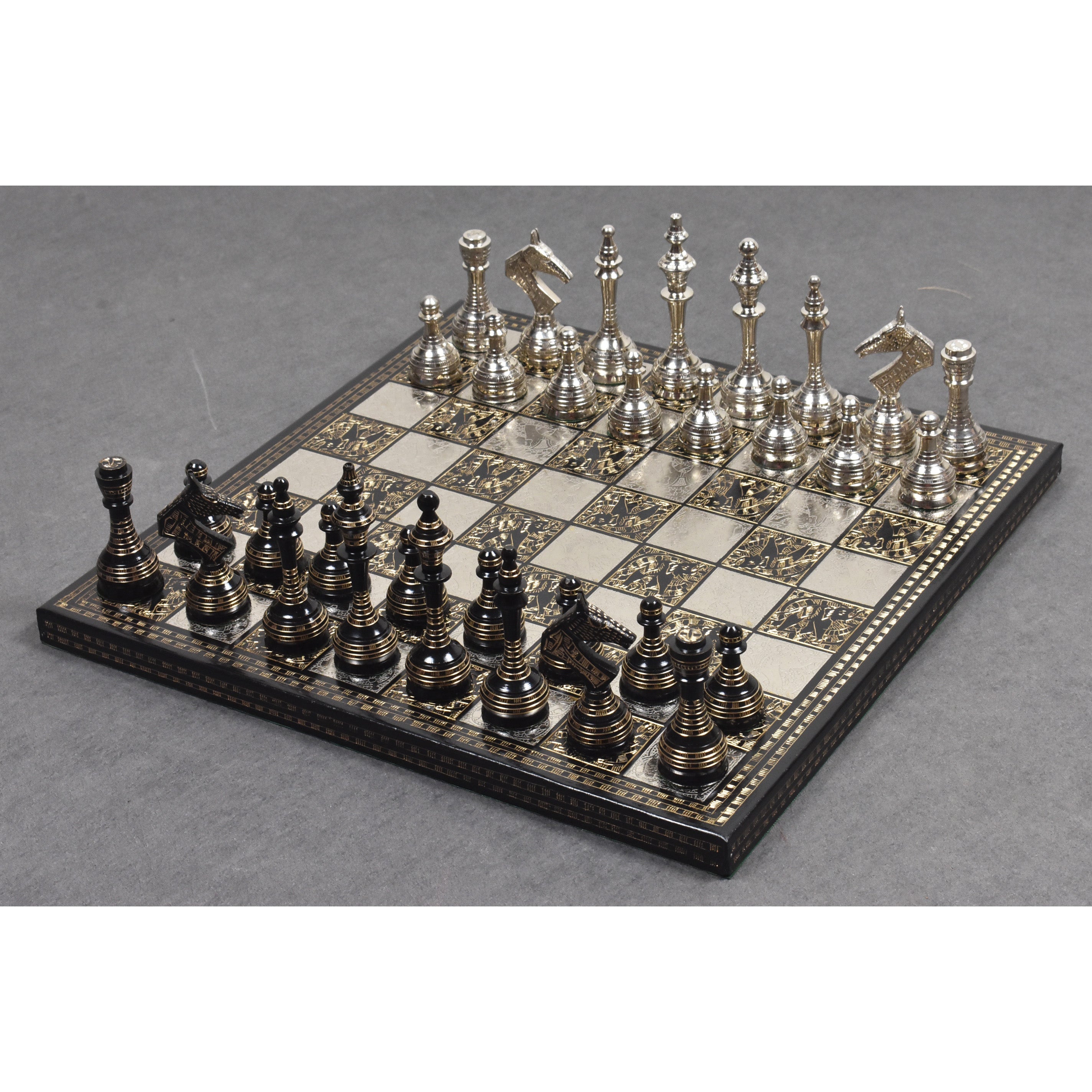 Soviet Inspired Brass Metal Luxury Chess Pieces & Board Set- 14" - Unique Art
