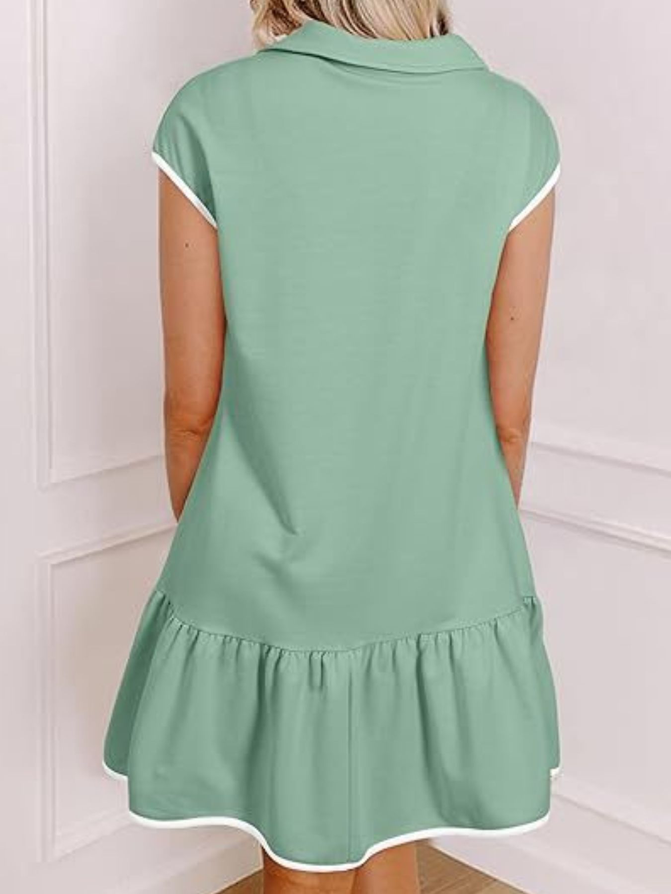 Zip Front Cap Sleeve Ruffle Hem Dress