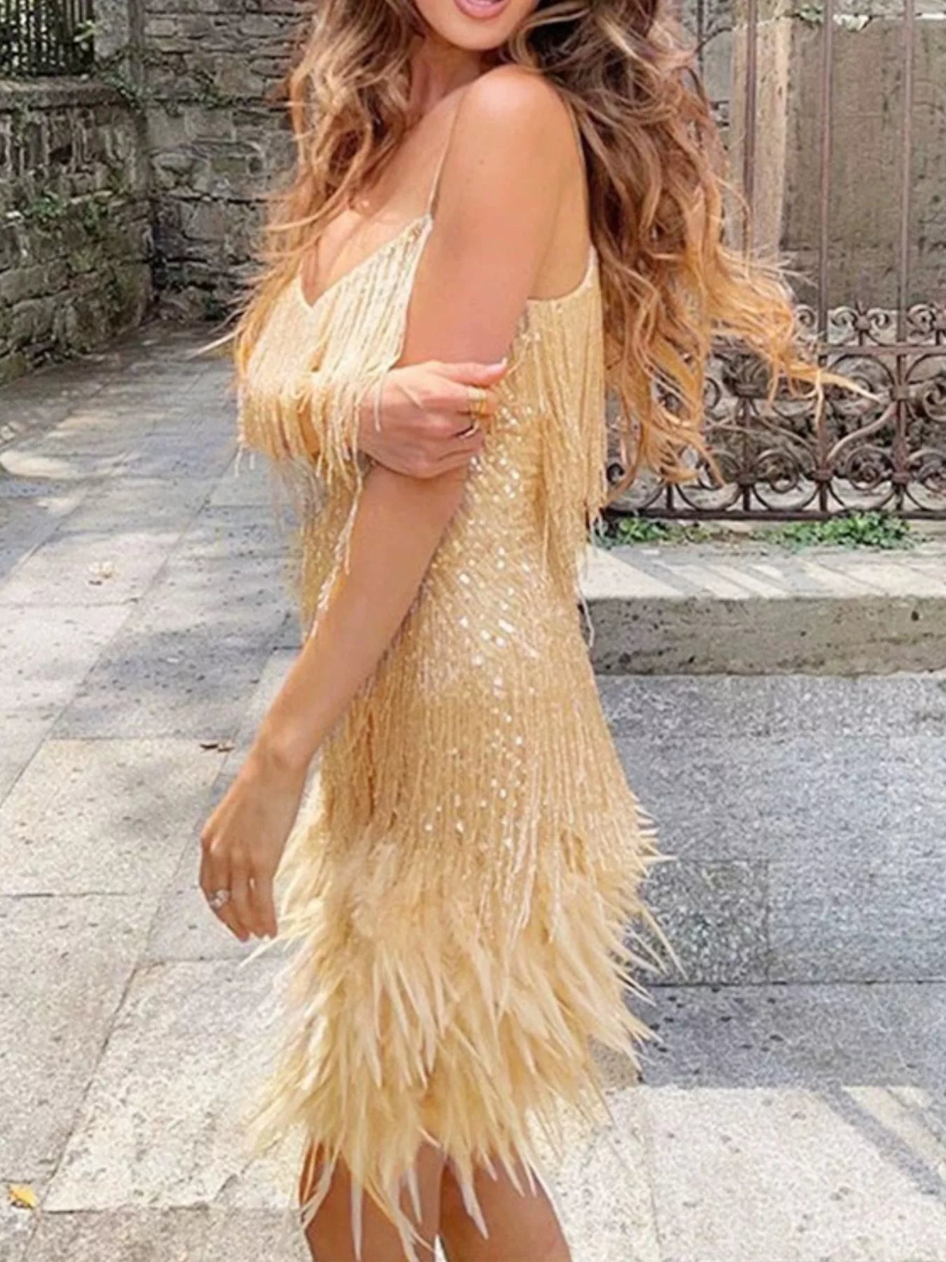 Full Size Sequin and Feather Fringe Mini Dress Plus Size
