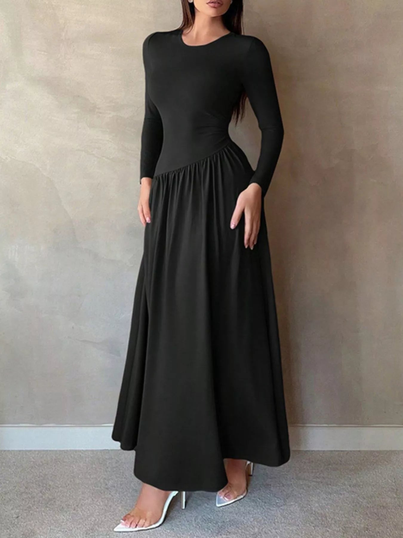 Long Sleeve Ruched A-Line Maxi Dress