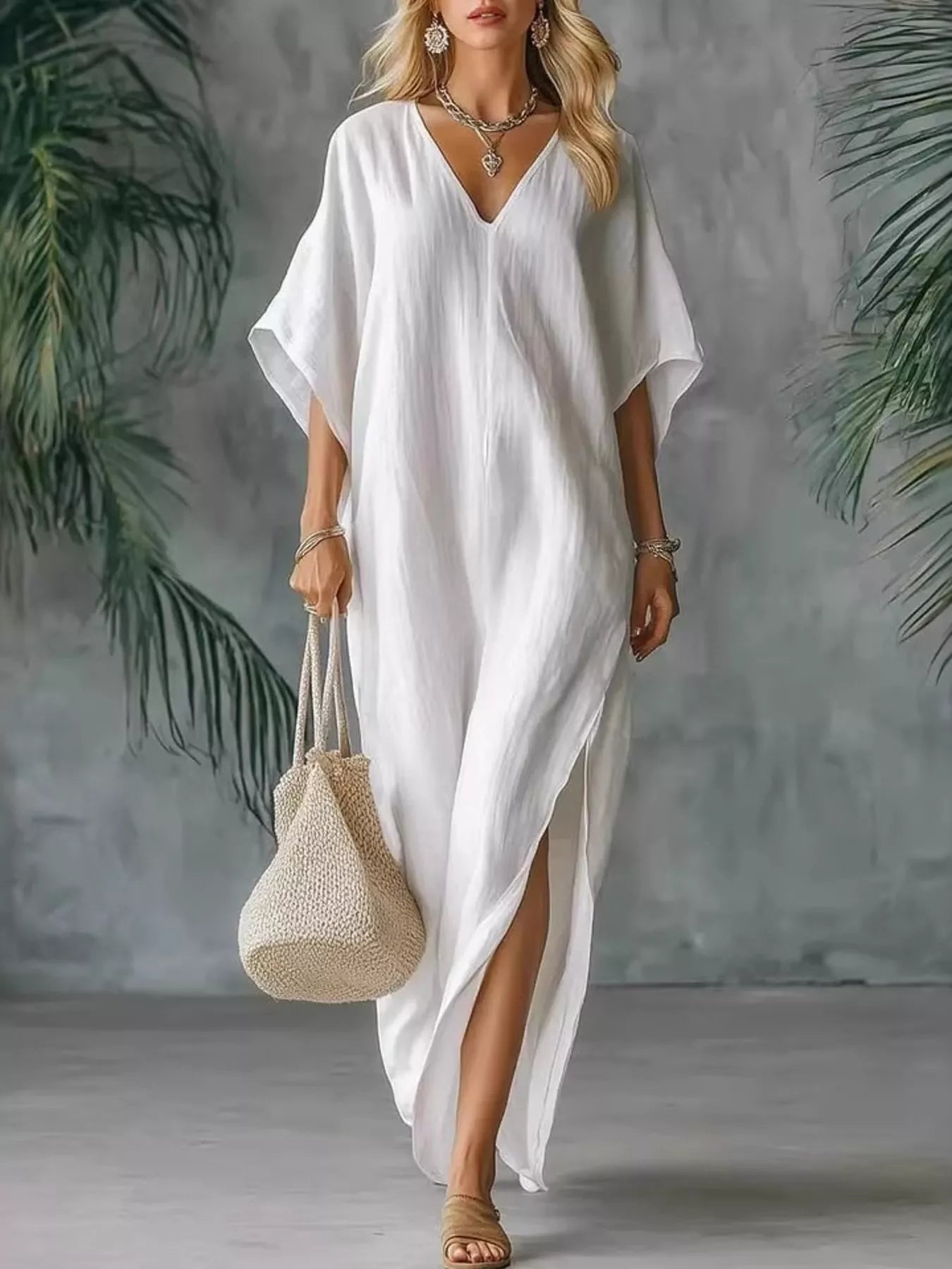 Full Size V-Neck Maxi Dress with Side Slits Plus Size