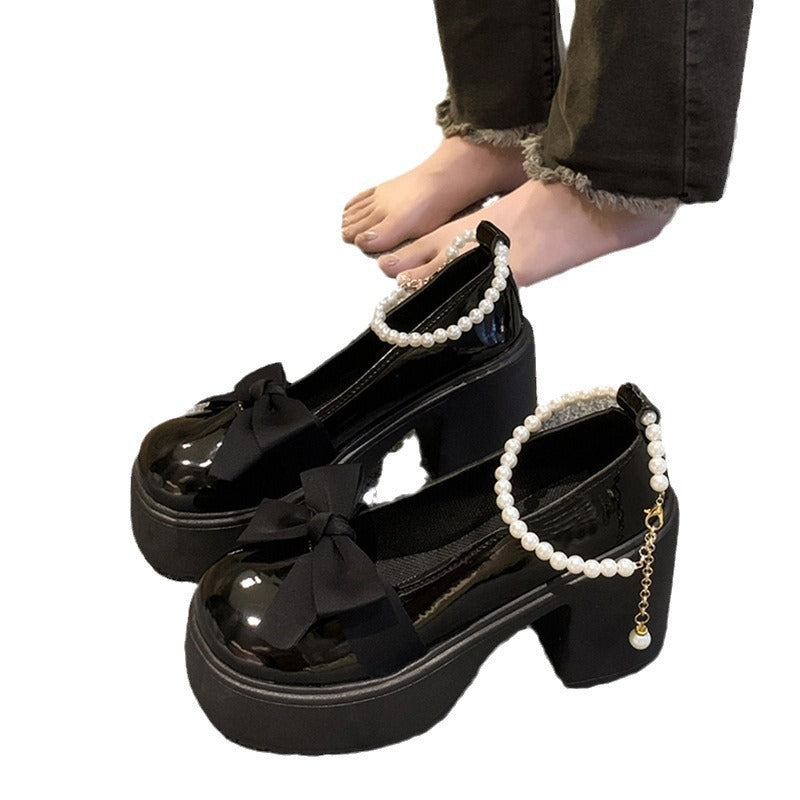 Pearl Bow High-heeled Leather Shoes