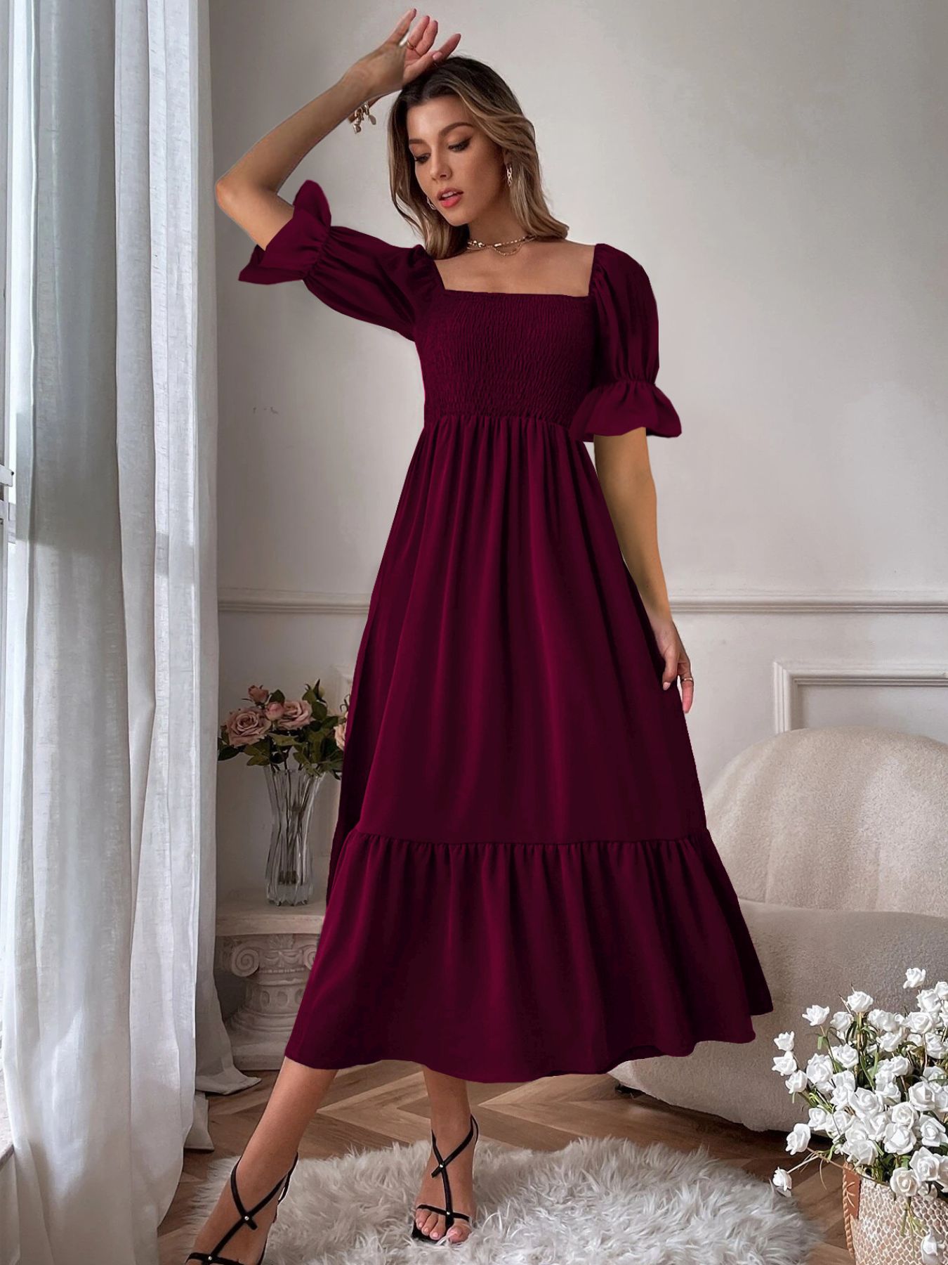 Smocked Long Sleeve Midi Dress