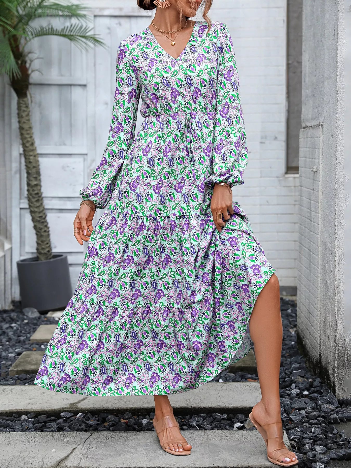Printed V-Neck Long Sleeve Dress