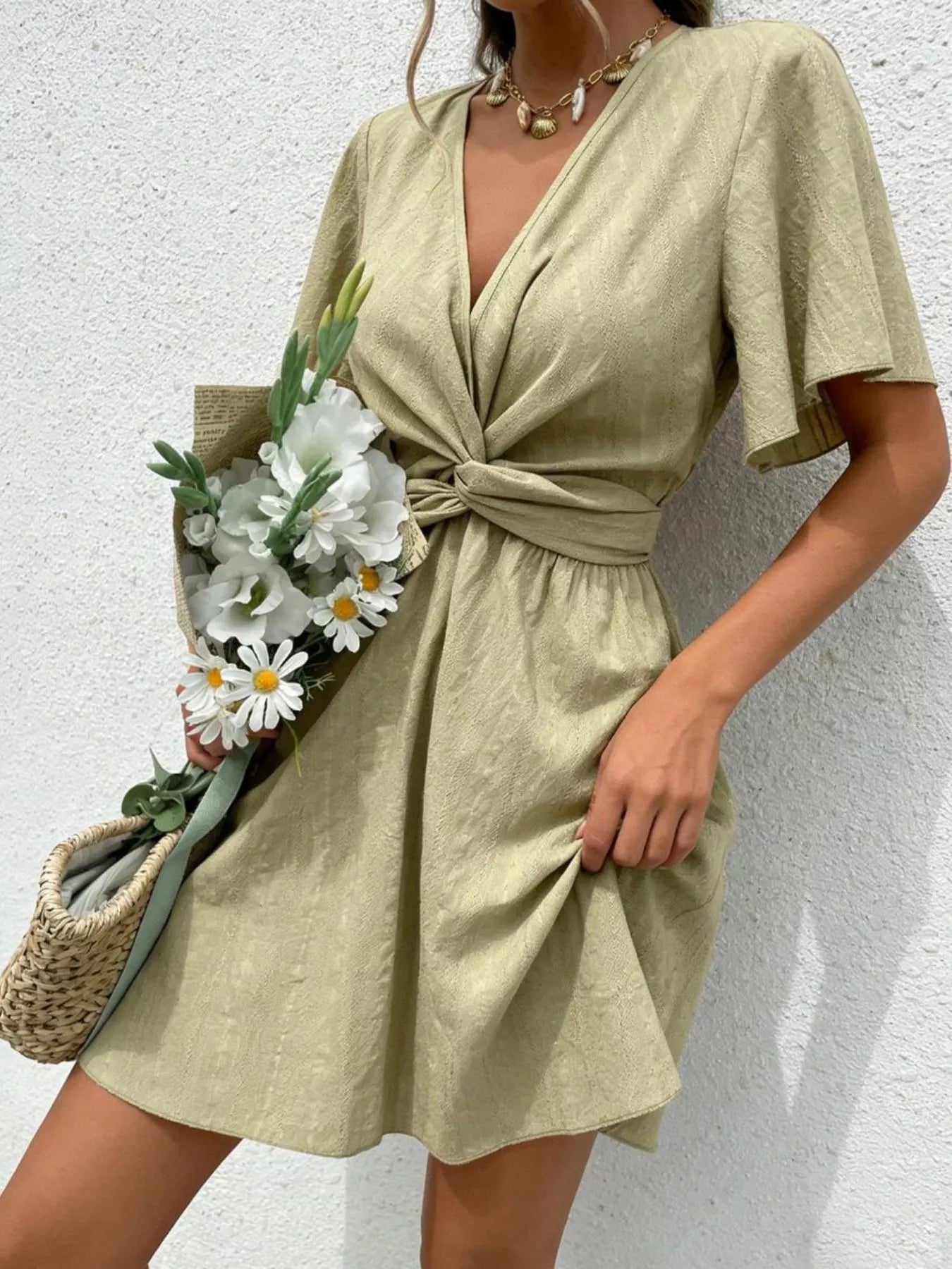 Twist Waist Flutter Sleeve Mini Dress