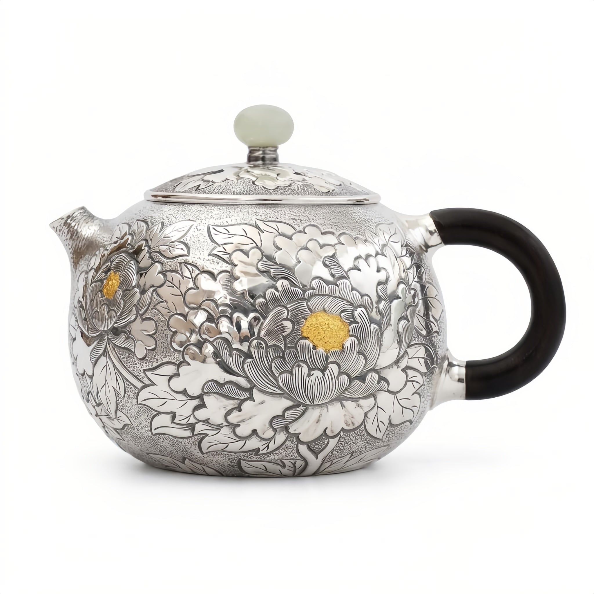 Pure 999 Fine Silver Handcrafted Silver Peony Teapot with Ebony Handle and Jade Finial - Handicraft
