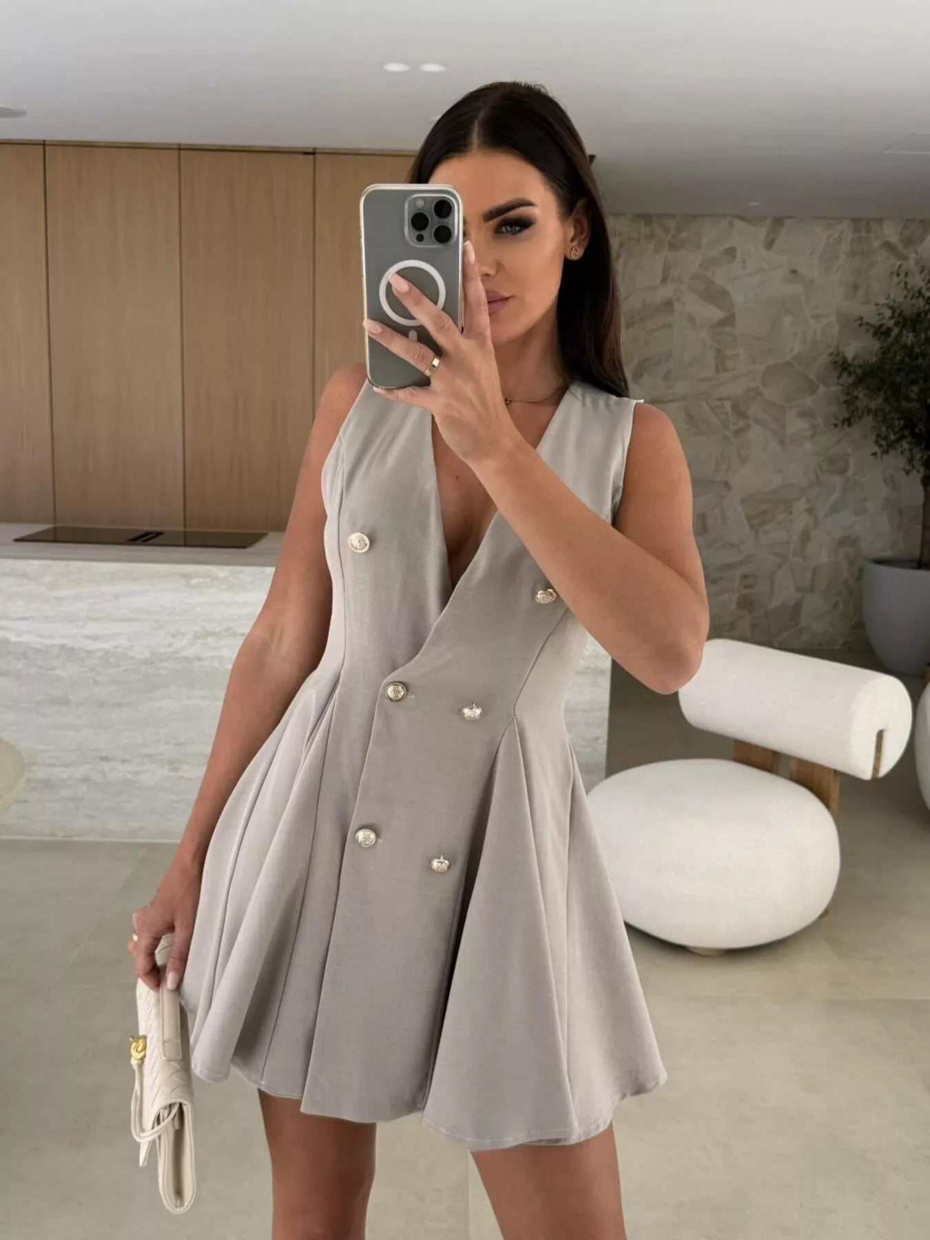 Double-Breasted V-Neck Mini Dress