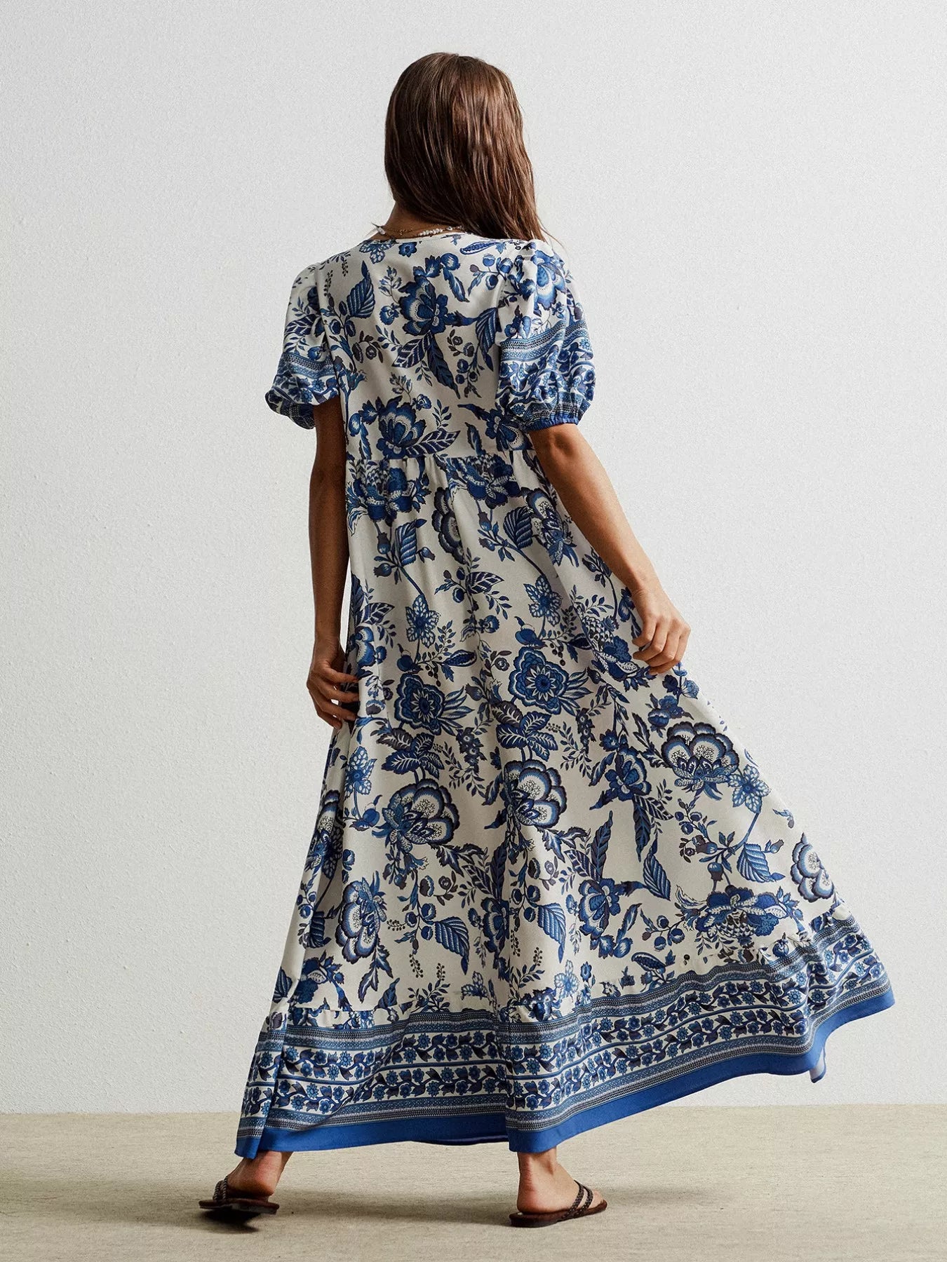 Floral Print Tie-Neck Puff Sleeve Maxi Dress