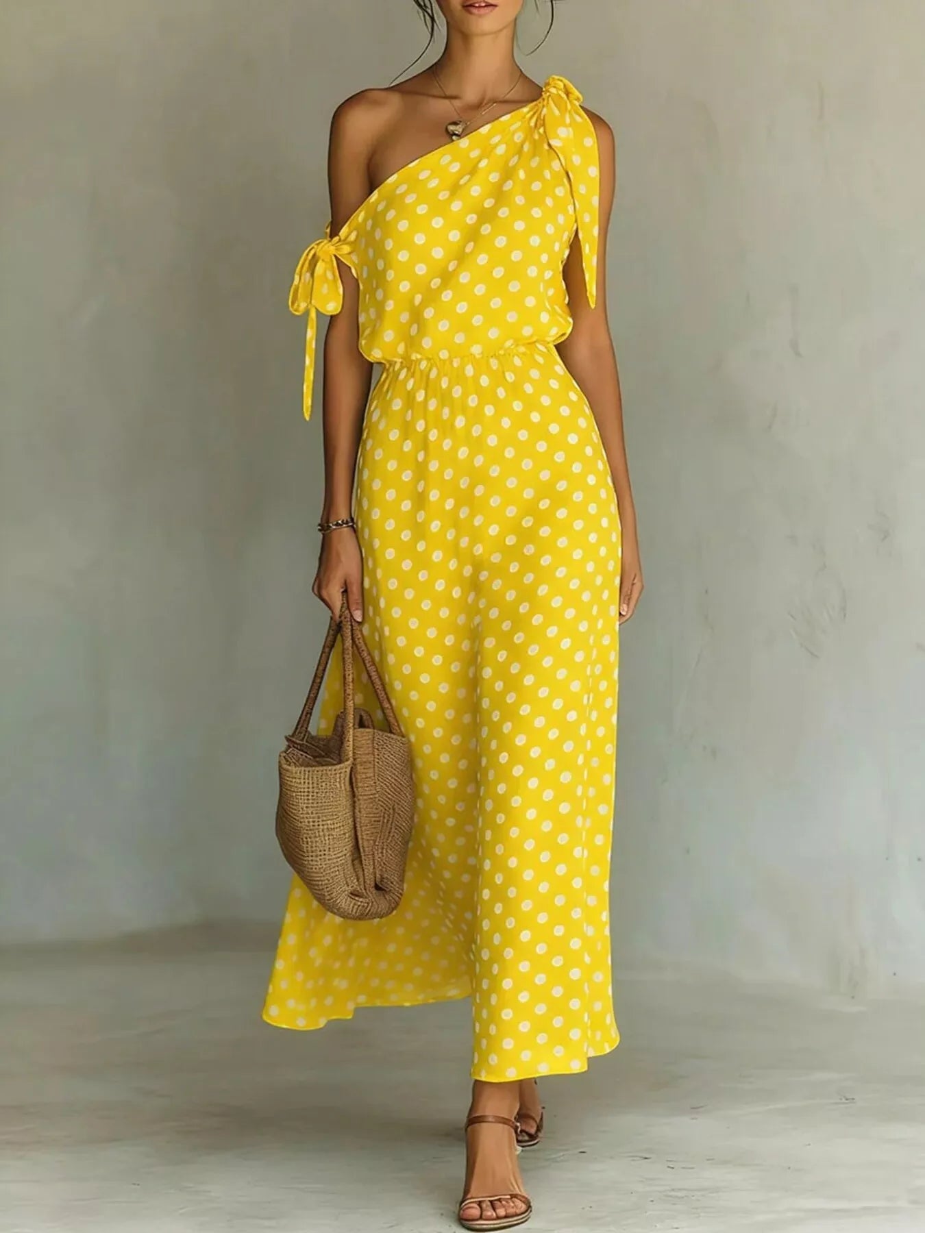 Full Size Polka Dot One-Shoulder Maxi Dress with Tie Details Plus Size