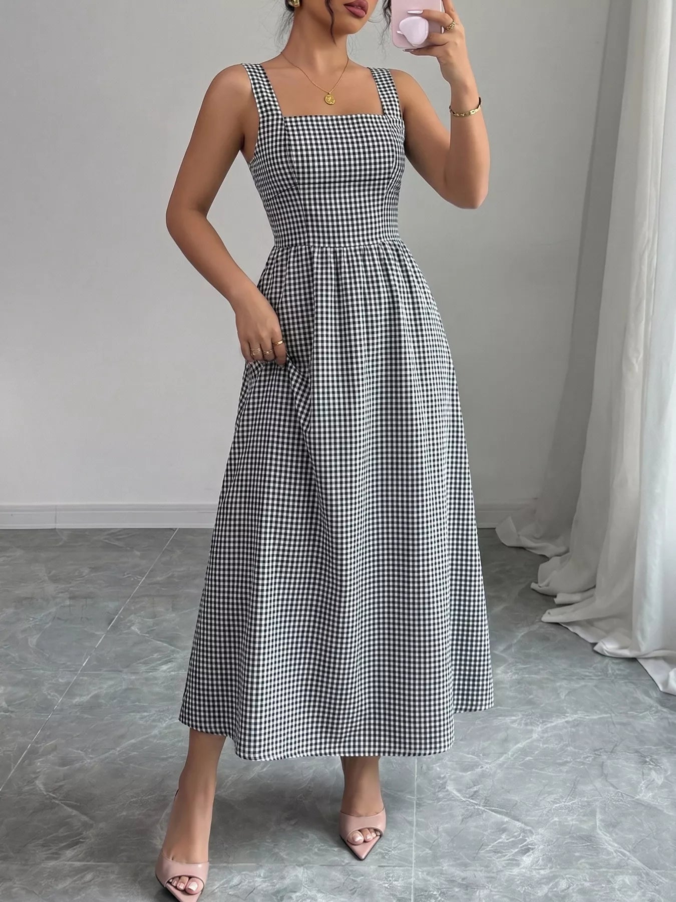 Square Neck Gingham Midi Dress