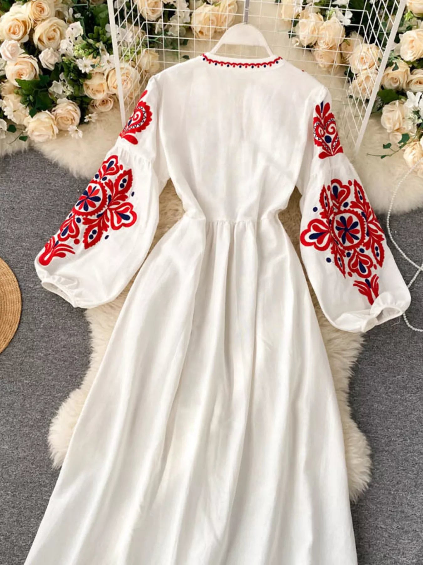 Embroidered Tie Neck Long Sleeve Dress